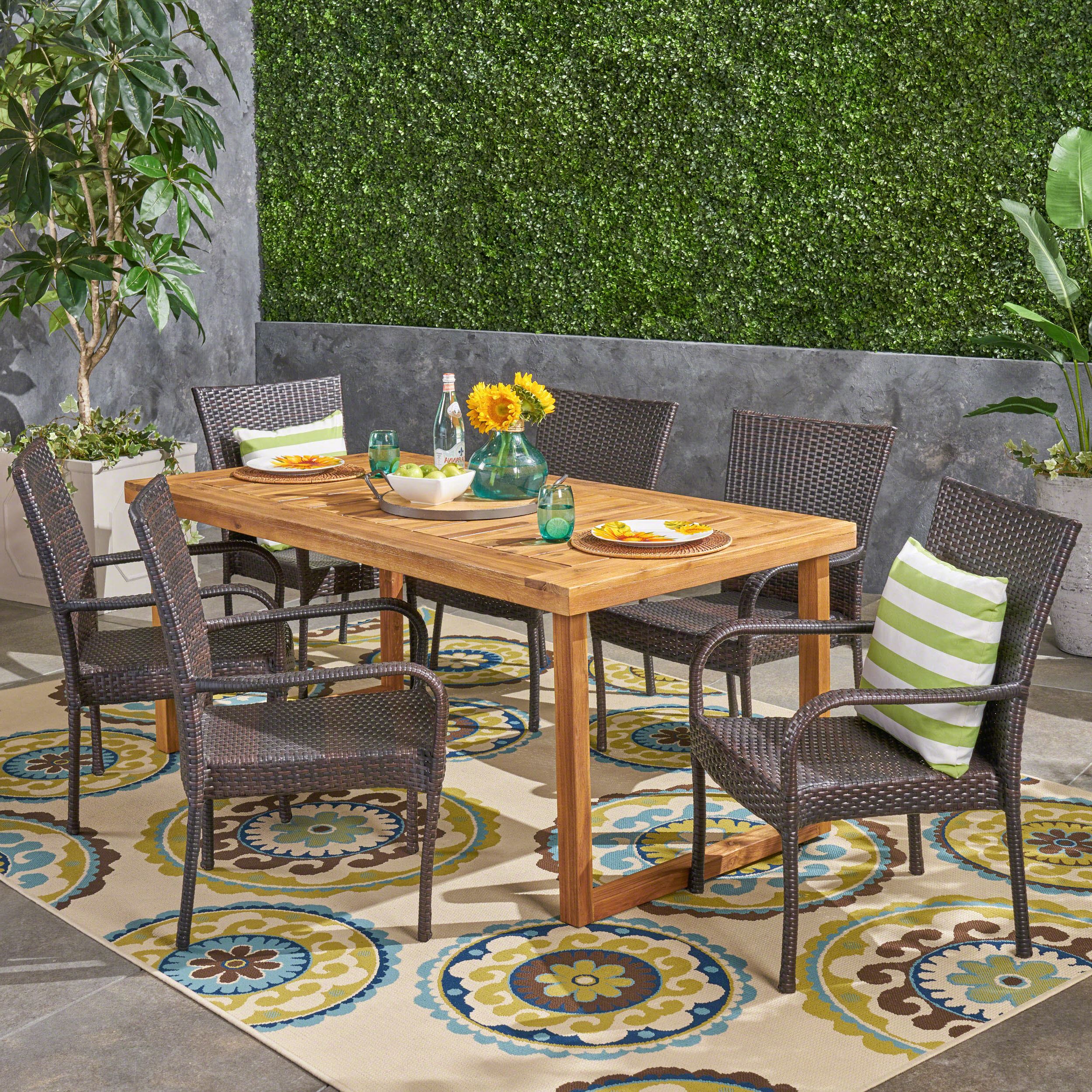Trendy Natural Wood Outdoor Chairs With Regard To Lisa Outdoor 7 Piece Acacia Wood Dining Set With Stacking Wicker Chairs (View 4 of 15)