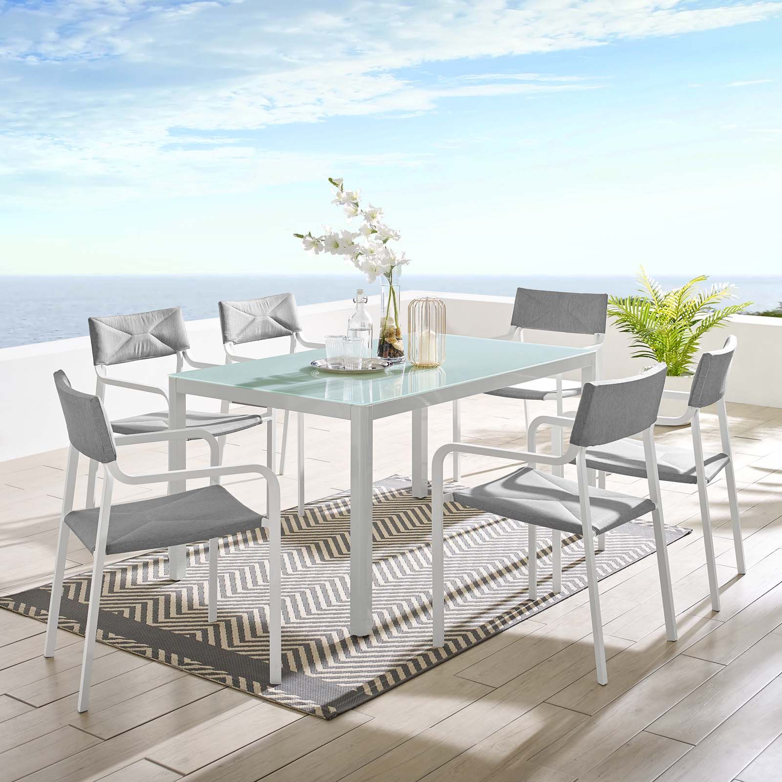 Trendy White Outdoor Patio Dining Sets Inside Raleigh Outdoor Patio Aluminum Dining Set With 6 Stackable Chairs In (View 5 of 15)