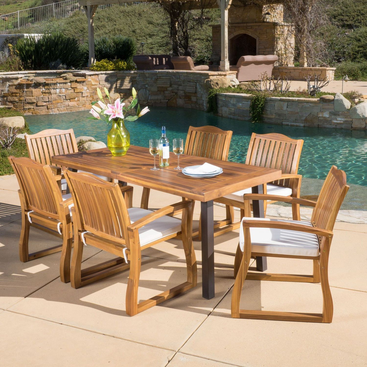 Trendy Wood Rectangular Outdoor Dining Sets For Teak Finish Acacia Wood 7 Piece Dining Set (View 2 of 15)