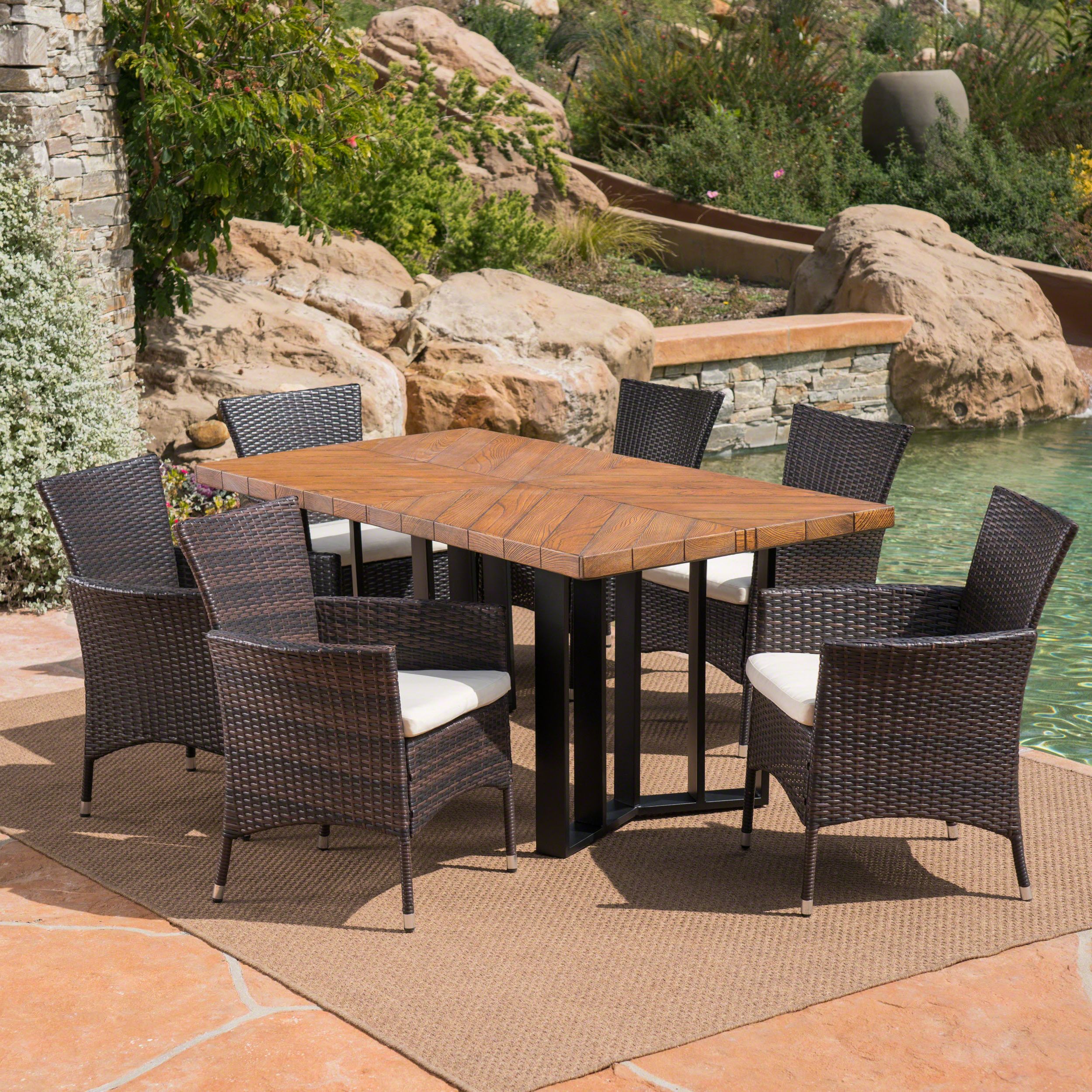 Tyler Outdoor 7 Piece Wicker Dining Set With Finish Light Weight With Regard To Most Up To Date Patio Dining Sets With Cushions (View 2 of 15)