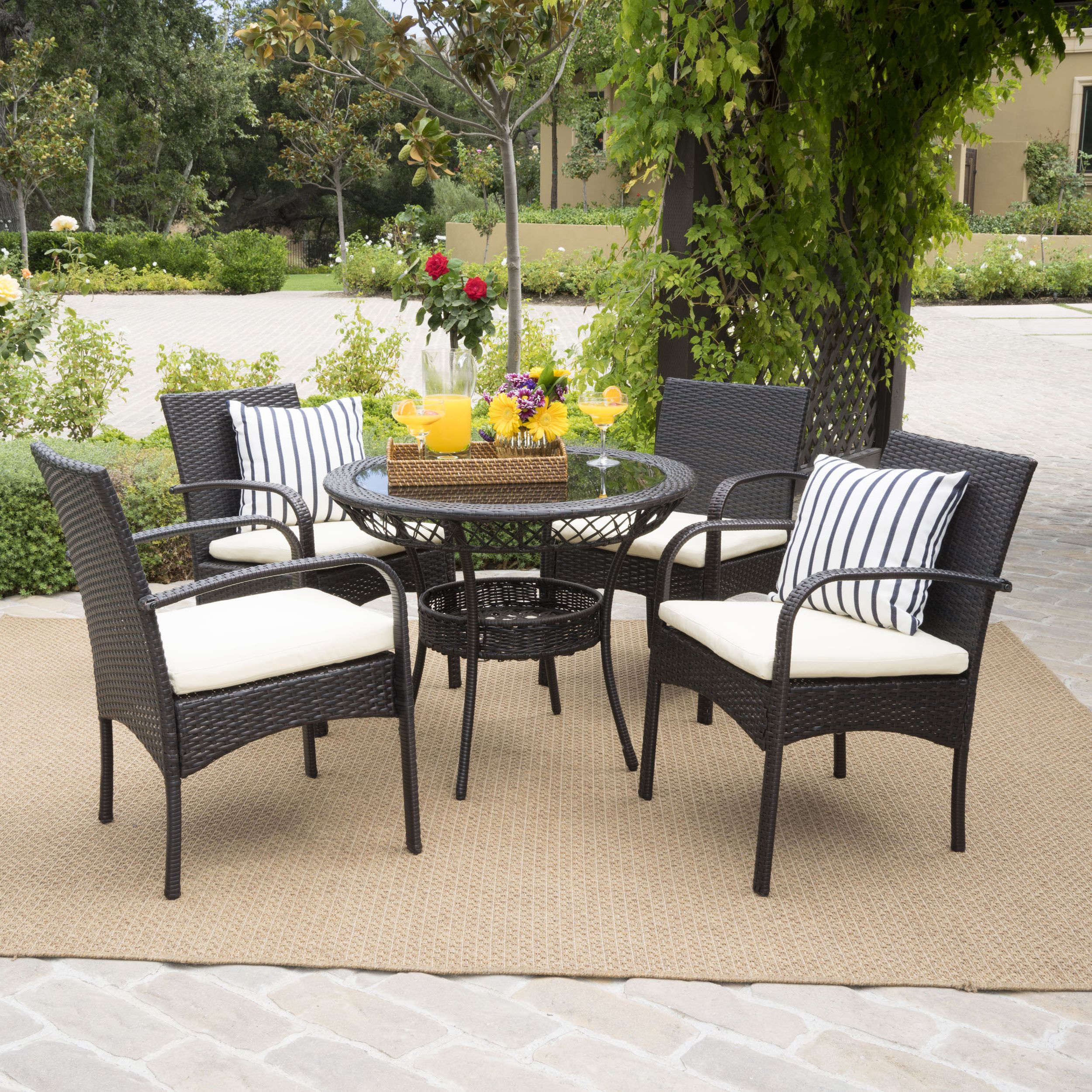 Venetian 5 Piece Outdoor Round Glass Top Wicker Dining Set With Inside Fashionable 5 Piece Patio Dining Set (View 5 of 15)