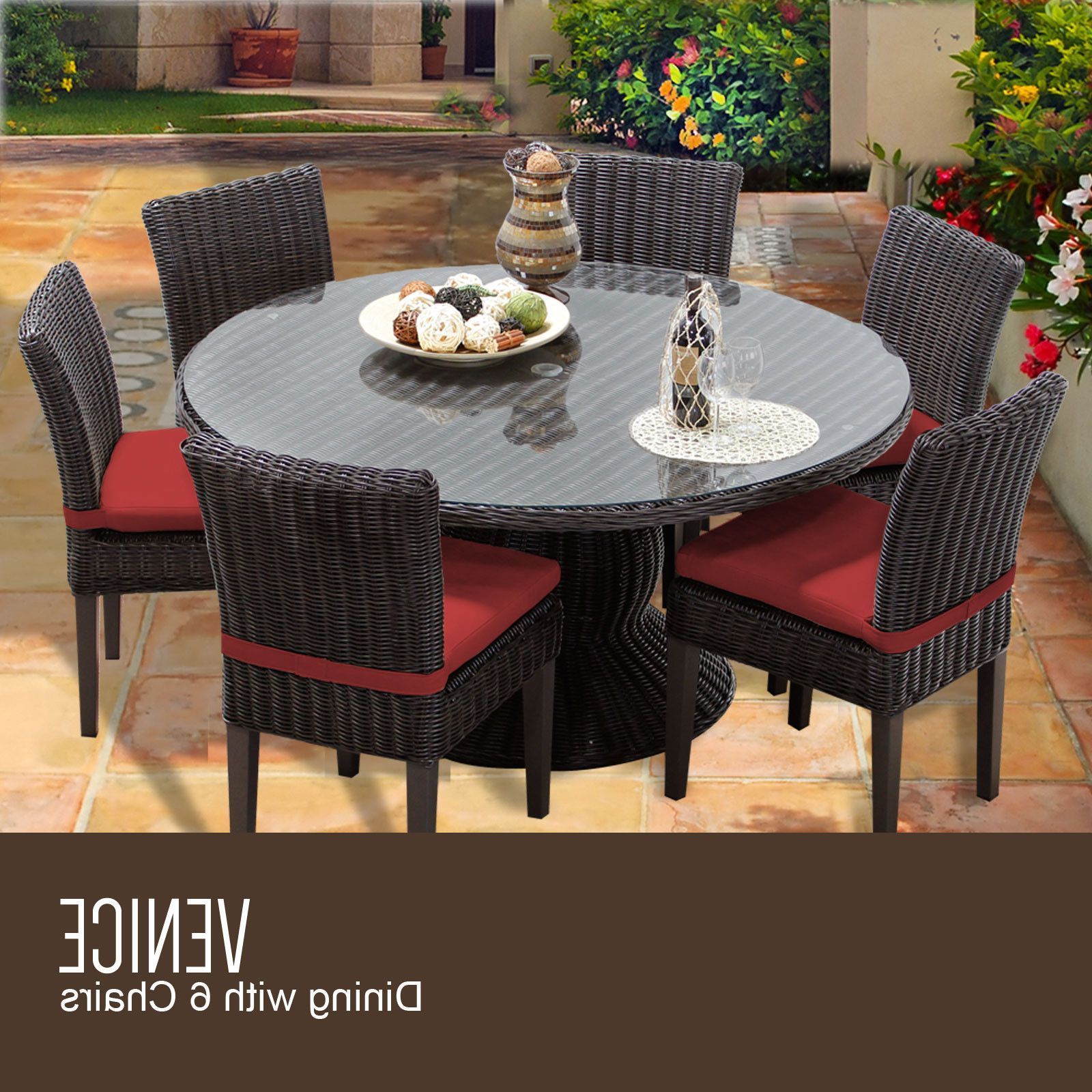 Venice 60 Inch Outdoor Patio Dining Table With 6 Armless Chairs (with Pertaining To Current Armless Round Dining Sets (View 7 of 15)