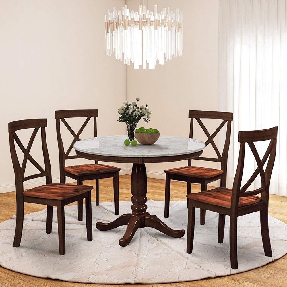 Veryke 5 Pieces Dining Table Sets, Elegant Solid Wood Round Table With Pertaining To 2019 Wood Bistro Table And Chairs Sets (View 9 of 15)