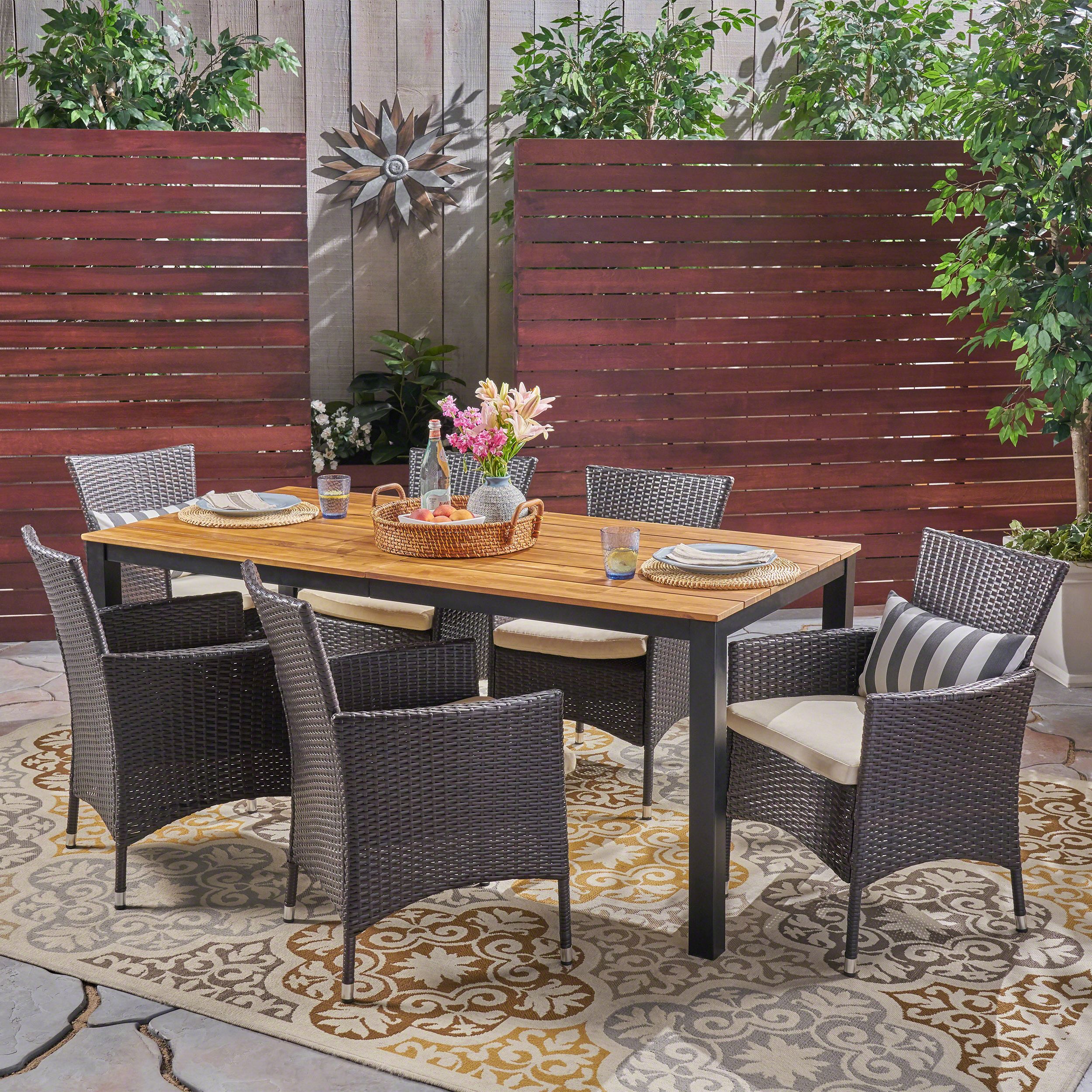 Vienna Outdoor 7 Piece Acacia Wood Dining Set With Wicker Chairs And In Well Liked Teak And Wicker Dining Sets (View 7 of 16)