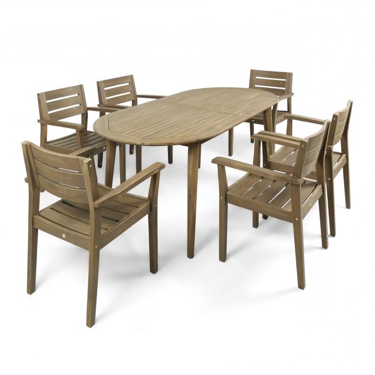 Vivienne Outdoor 7 Piece Acacia Wood Oval Dining Set, Gray – Rocshop With Regard To Most Up To Date 7 Piece Outdoor Oval Dining Sets (View 5 of 15)