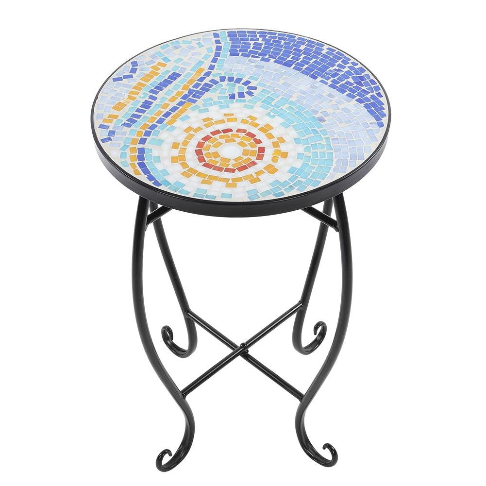 Walfront Mosaic Painted Glass Iron Art Plant Stand Round Side Accent For Well Known Blue Mosaic Black Iron Outdoor Accent Tables (View 2 of 15)
