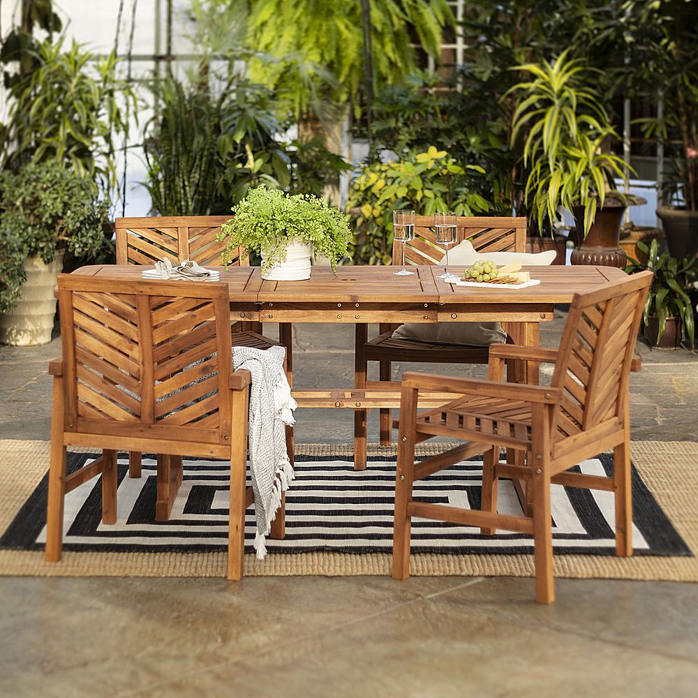 Walker Edison 5 Piece Windsor Acacia Wood Extendable Patio Dining Set Within Newest Brown Acacia Patio Dining Sets (View 1 of 15)