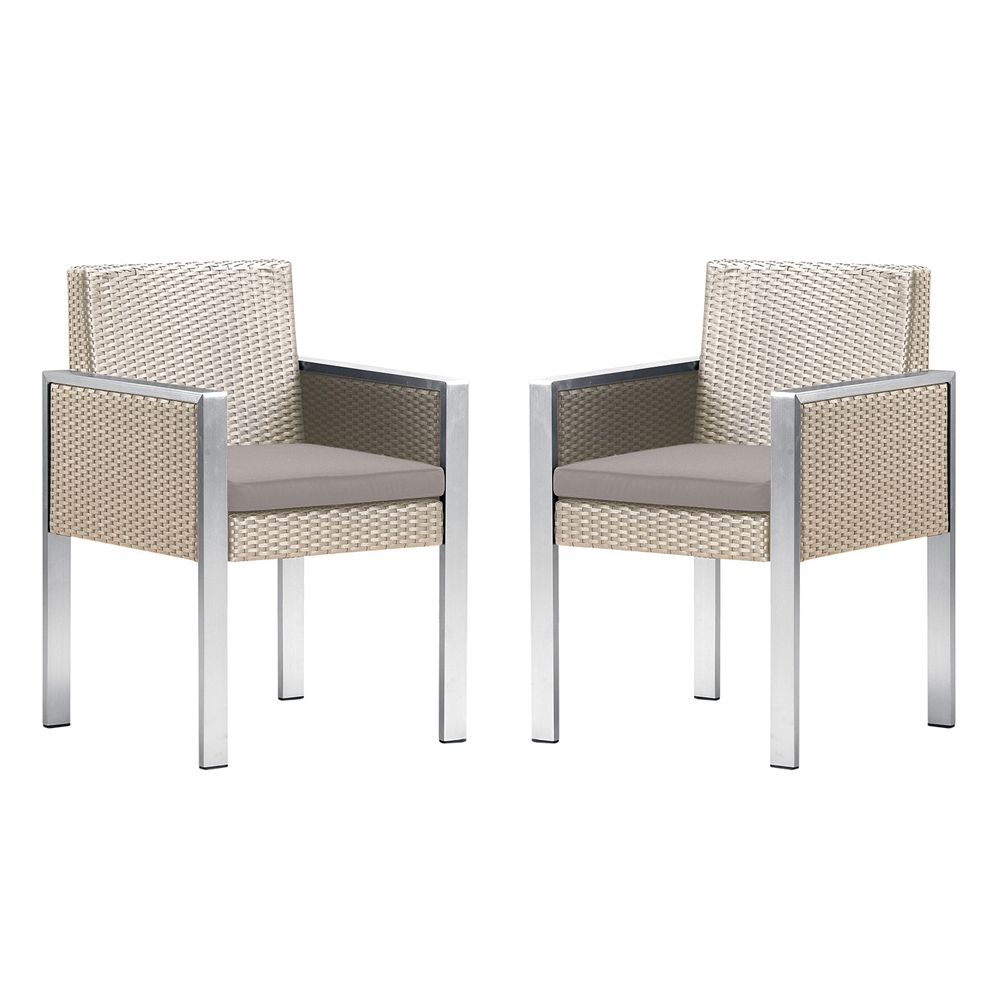 Watercube Outdoor White Rattan Patio Dining Chair With Aluminum Arms Within Most Recently Released Brown Fabric Outdoor Patio Bar Chairs Sets (View 9 of 15)