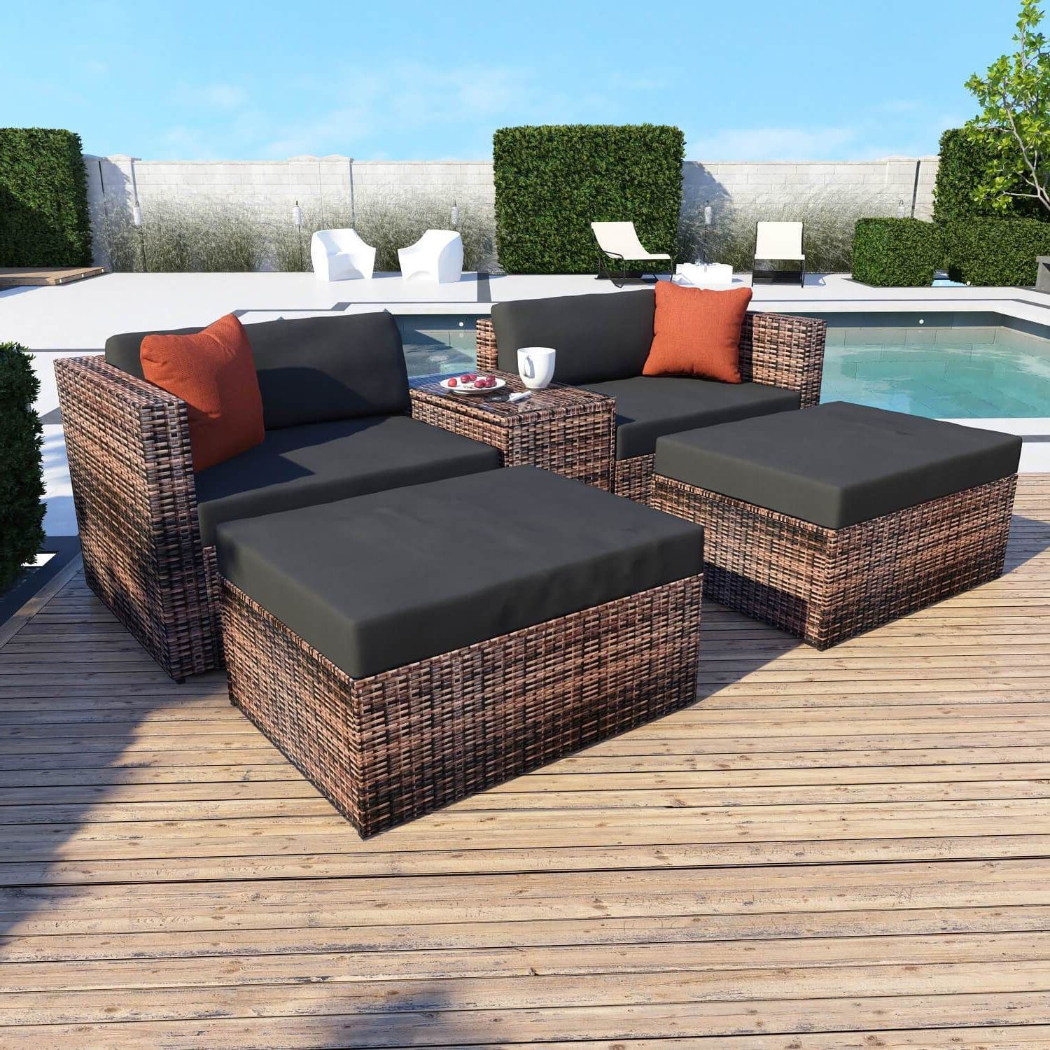 Well Known 5 Piece 4 Seat Outdoor Patio Sets With Wailea Wicker Outdoor 2 Modular Corner Chairs, 2 Ottomans & Coffee (View 1 of 15)