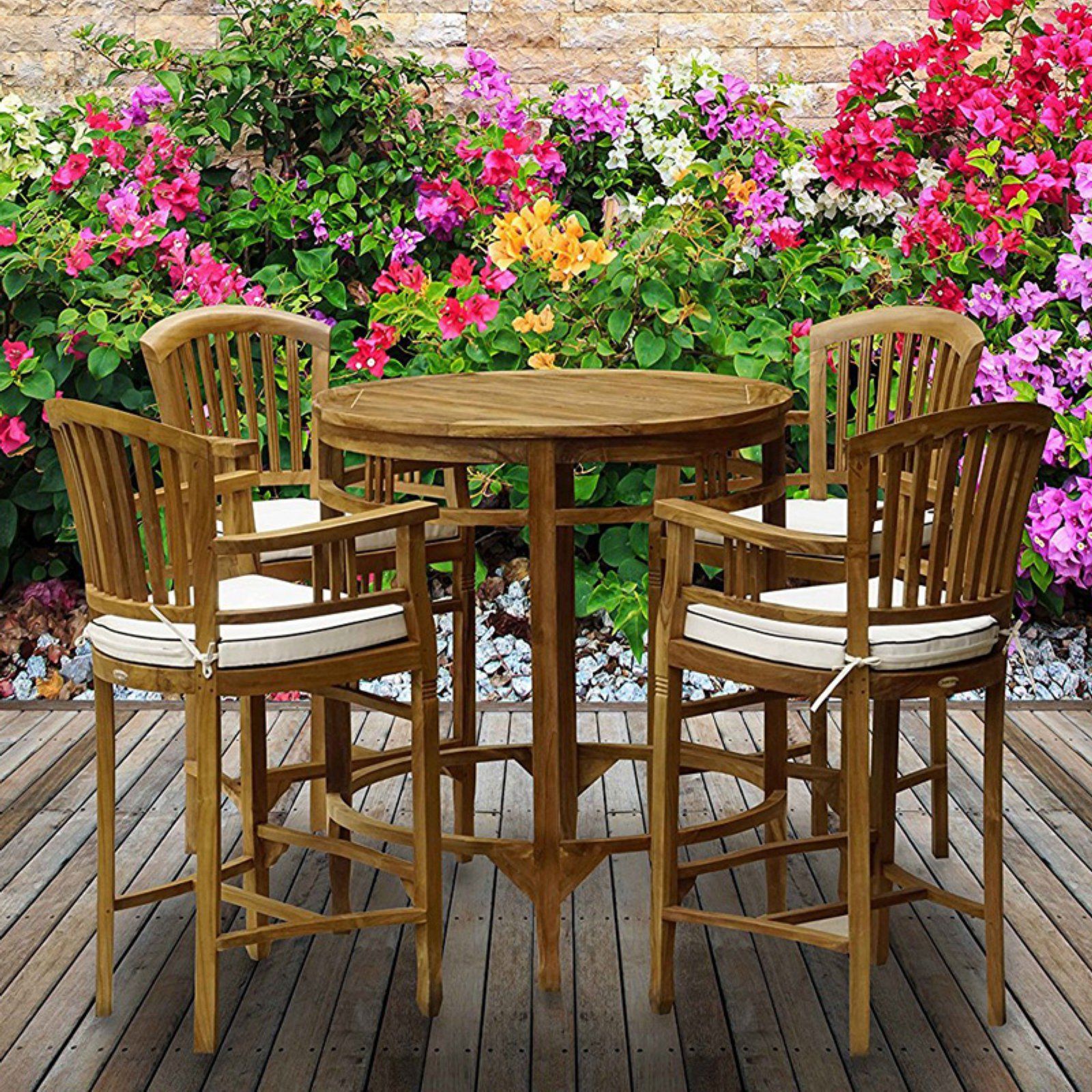 Well Known 5 Piece Cafe Dining Sets With Chic Teak Orleans Round Teak 5 Piece Bar Height Patio Dining Set (View 10 of 15)