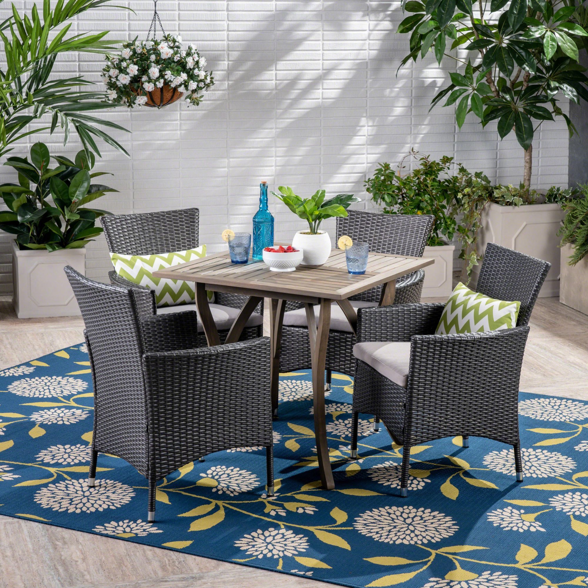 Well Known 5 Piece Gray Contemporary Wood And Wicker Outdoor Furniture Patio Regarding Gray Wicker 5 Piece Round Patio Dining Sets (View 7 of 15)