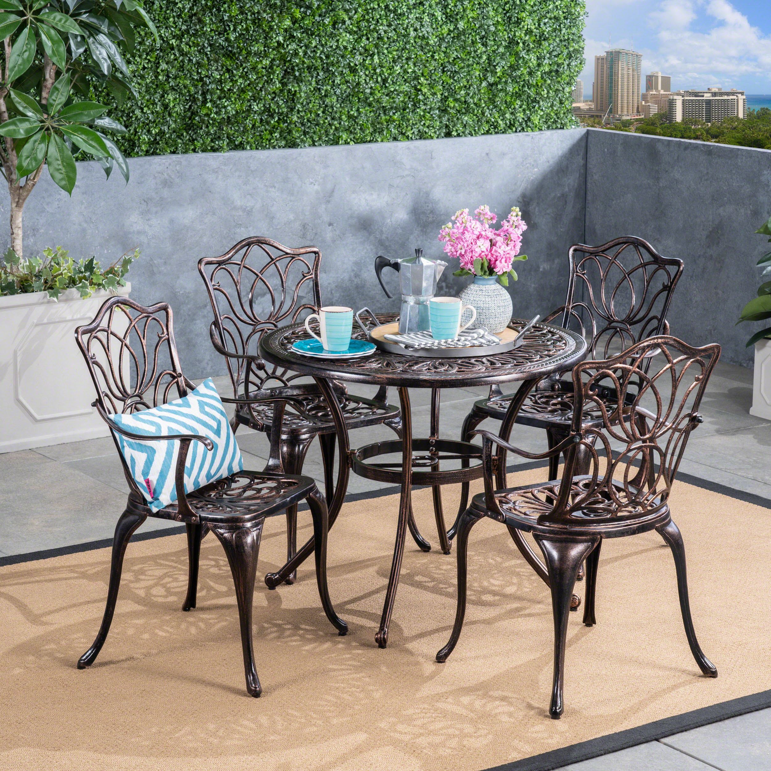 Well Known 5 Piece Patio Sets Regarding Clayton Outdoor 5 Piece Cast Aluminum Round Table Dining Set, Shiny (View 4 of 15)