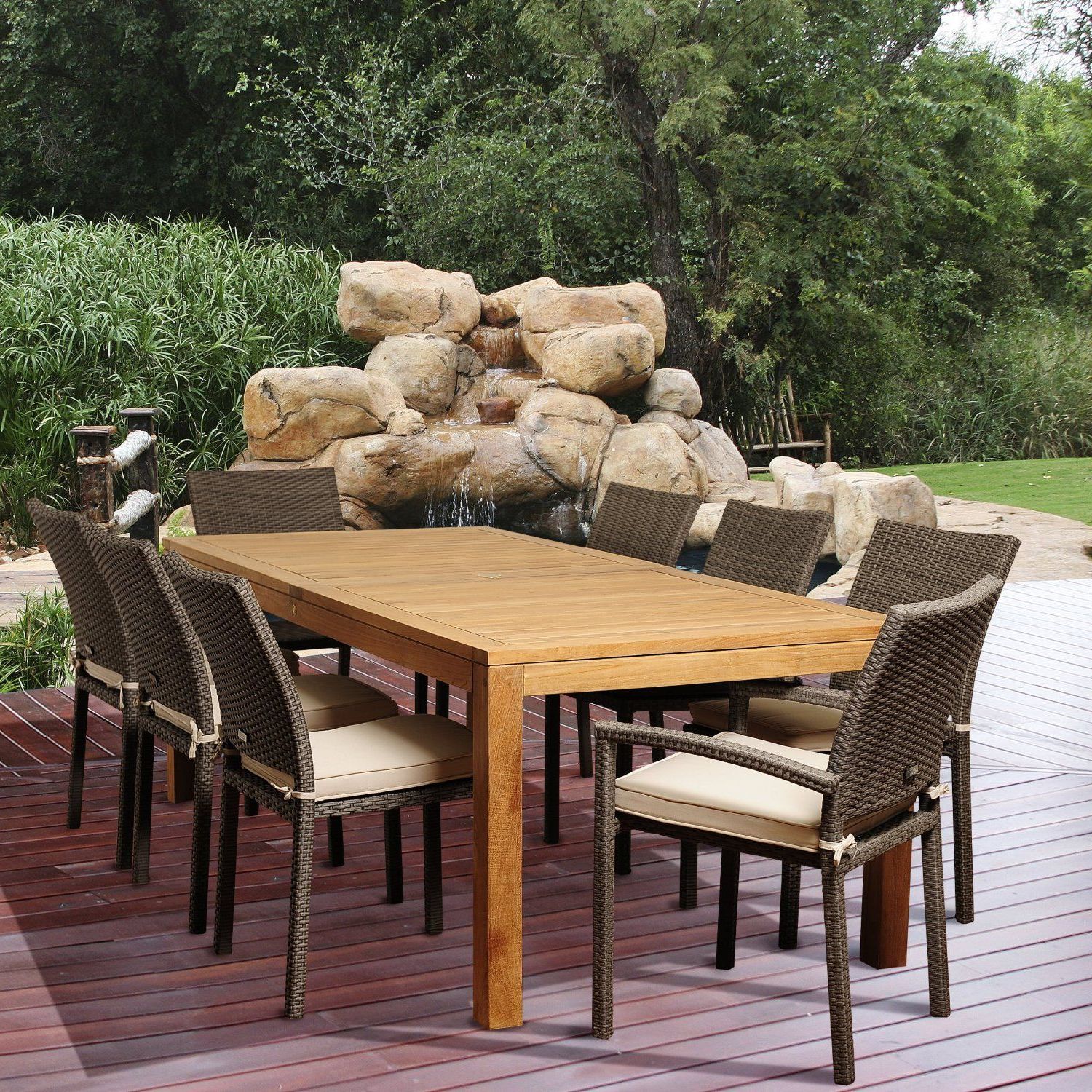 Well Known 9 Piece Teak Outdoor Square Dining Sets Within Amazonia Teak Buffalo 9 Piece Teak/wicker Rectangular Dining Set With (View 11 of 15)