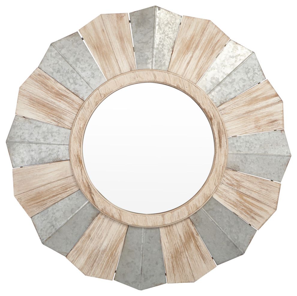 Well Known Galvanized Metal And Wood Round Sunburst Style Wall Mirror In Brown And Regarding Sunburst Mosaic Outdoor Accent Tables (View 10 of 15)