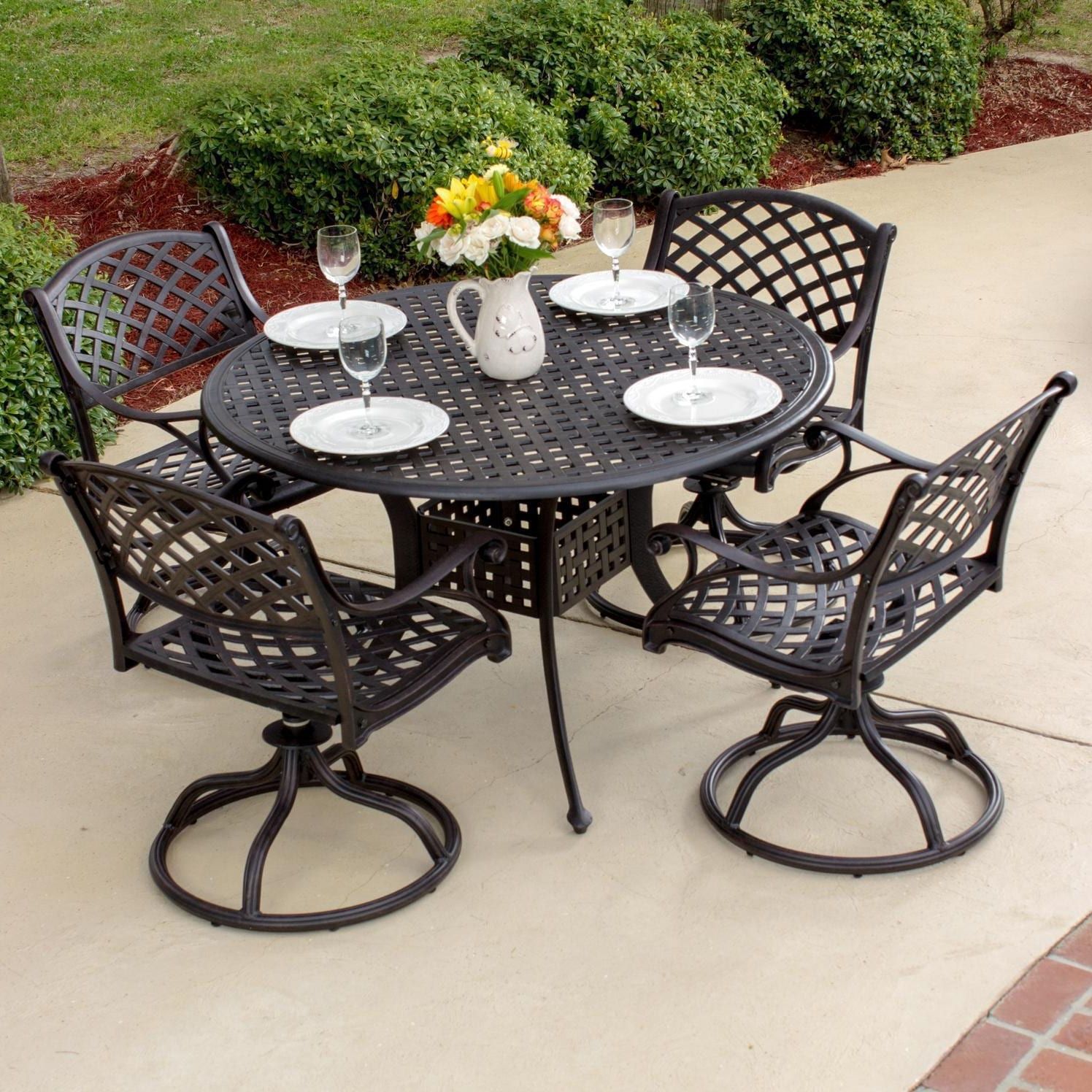 Well Known Heritage 5 Piece Cast Aluminum Patio Dining Set With Swivel Rockers And Throughout Round 5 Piece Outdoor Dining Set (View 12 of 15)