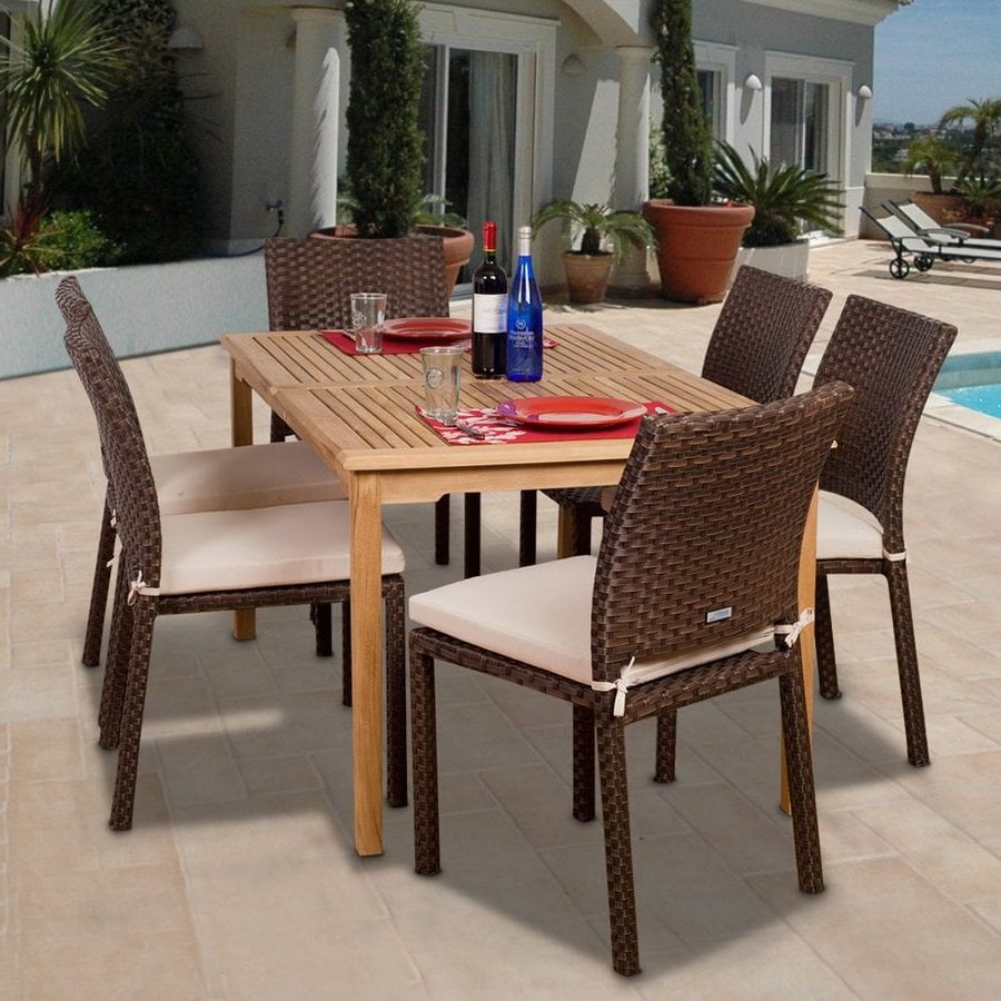 Well Known International Home Amazonia Teak 7 Piece Brown Wood Frame Wicker Patio Intended For 7 Piece Teak Wood Dining Sets (View 5 of 15)