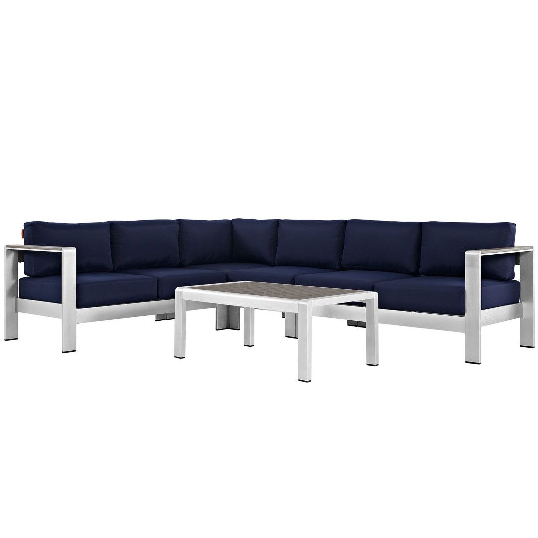 Well Known Navy Outdoor Seating Sectional Patio Sets With Regard To Modway Shore 5 Piece Outdoor Patio Aluminum Sectional Sofa Set In (View 10 of 15)