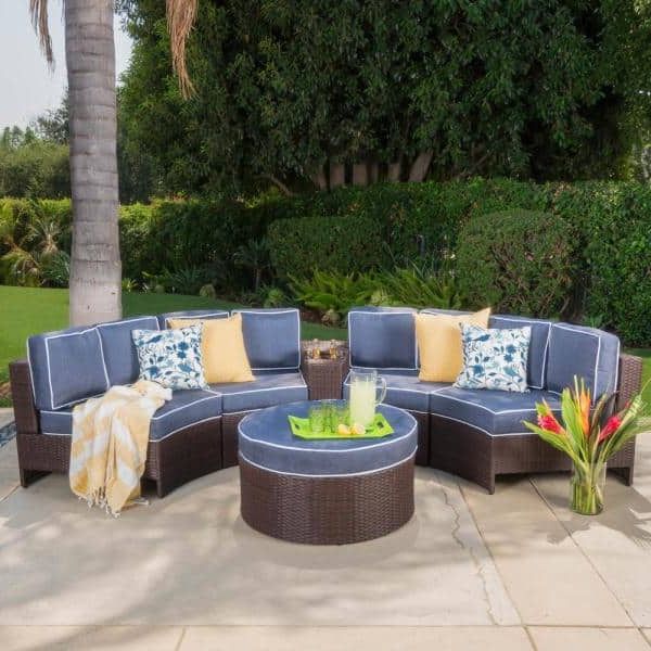 Well Known Noble House Brown 6 Piece Wicker Patio Sectional Seating Set With Navy Regarding Blue And Brown Wicker Outdoor Patio Sets (View 6 of 15)