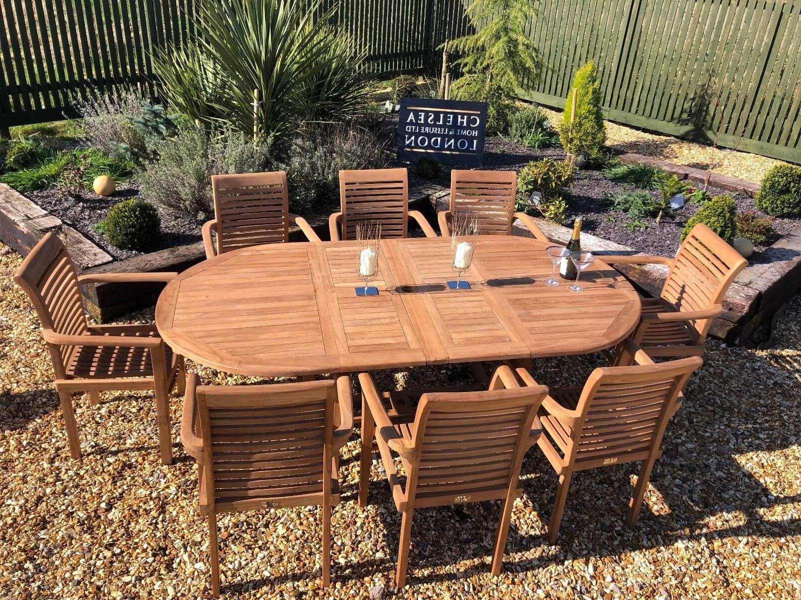 Well Known Teak Wood Outdoor Table And Chairs Sets Regarding Luxury Extending Teak Table With 8 Stacking Teak Chairs – Chelsea Home (View 15 of 15)