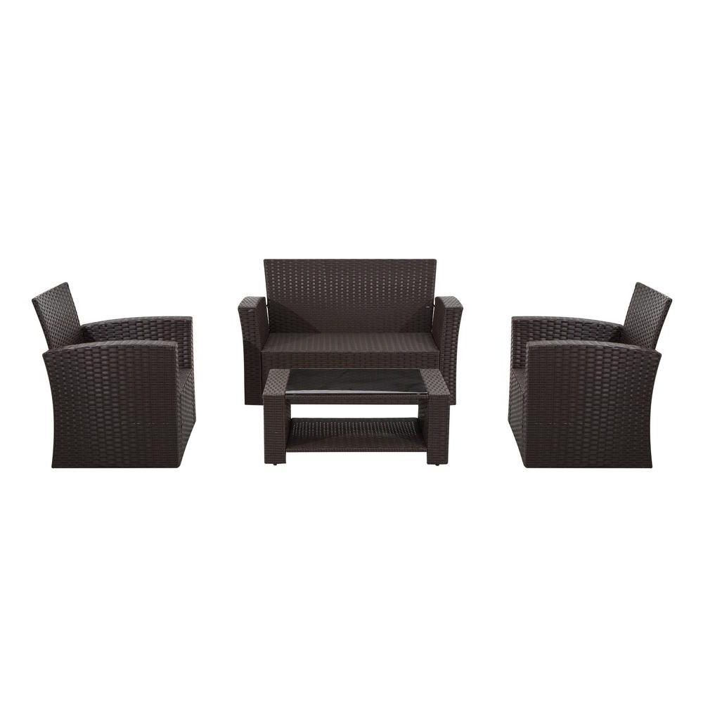 Well Known Unbranded Hudson Chocolate 4 Piece Rattan Conversation Outdoor Patio Regarding 4 Piece 3 Seat Outdoor Patio Sets (View 6 of 15)