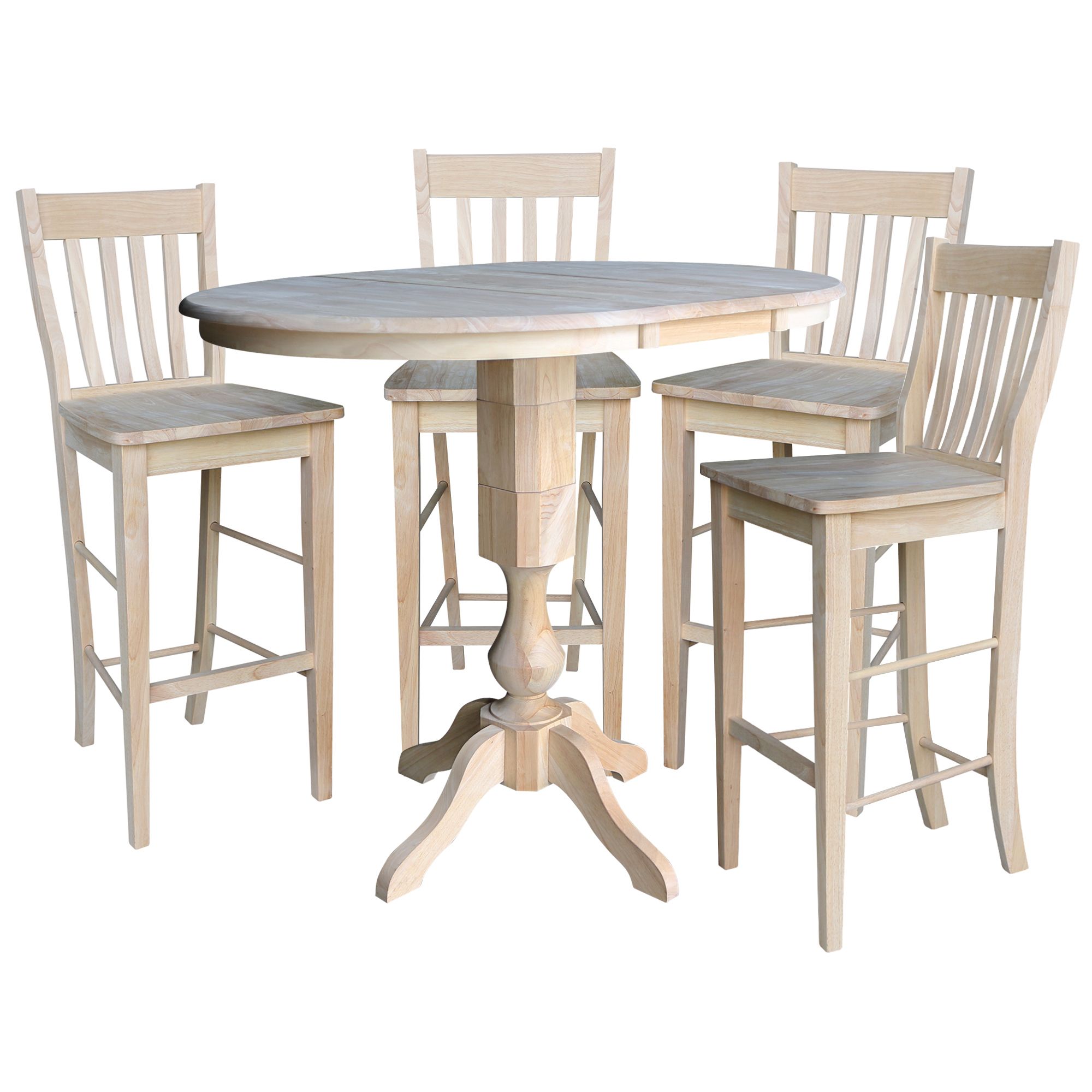 Well Liked 36" Round Bar Height Table With 12" Leaf And 4 Café Stools – Unfinished Regarding 5 Piece Cafe Dining Sets (View 7 of 15)
