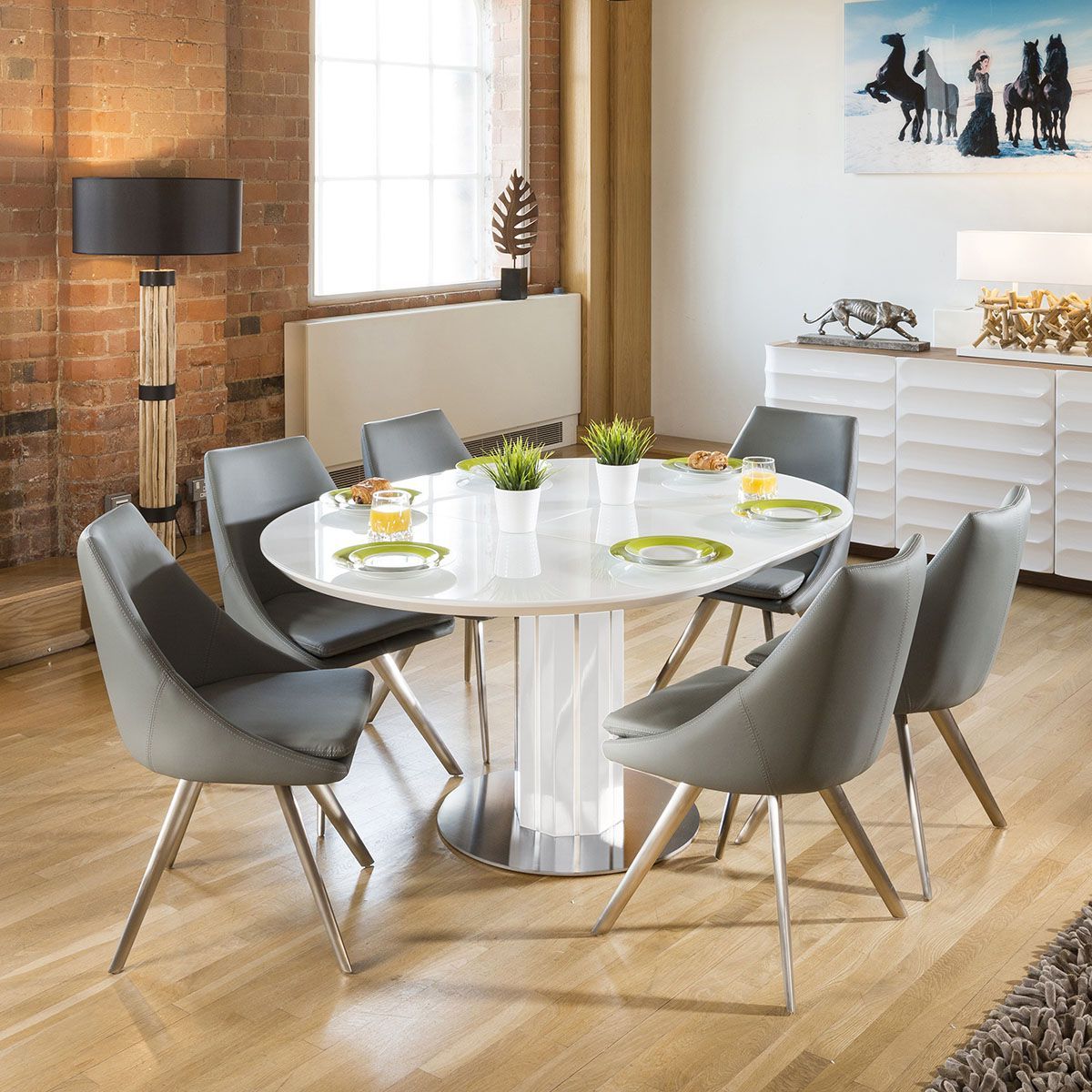 Well Liked Extendable Oval Dining Sets With Modern Extending Dining Set Round / Oval Glass Wht Table 6 Grey Chairs (View 12 of 15)