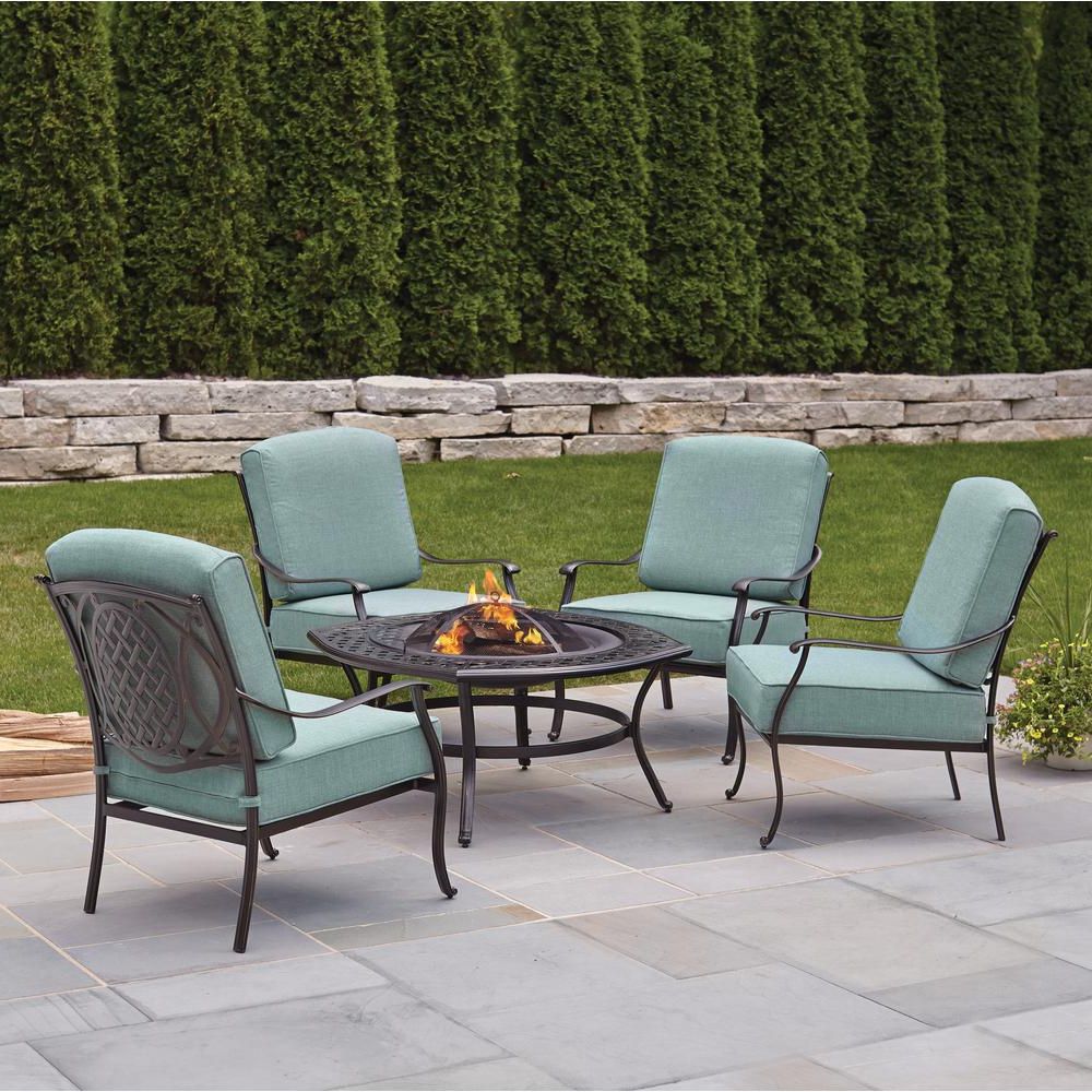 Well Liked Hampton Bay Belcourt 5 Piece Metal Outdoor Patio Fire Pit Conversation With Regard To 5 Piece Patio Sets (View 15 of 15)