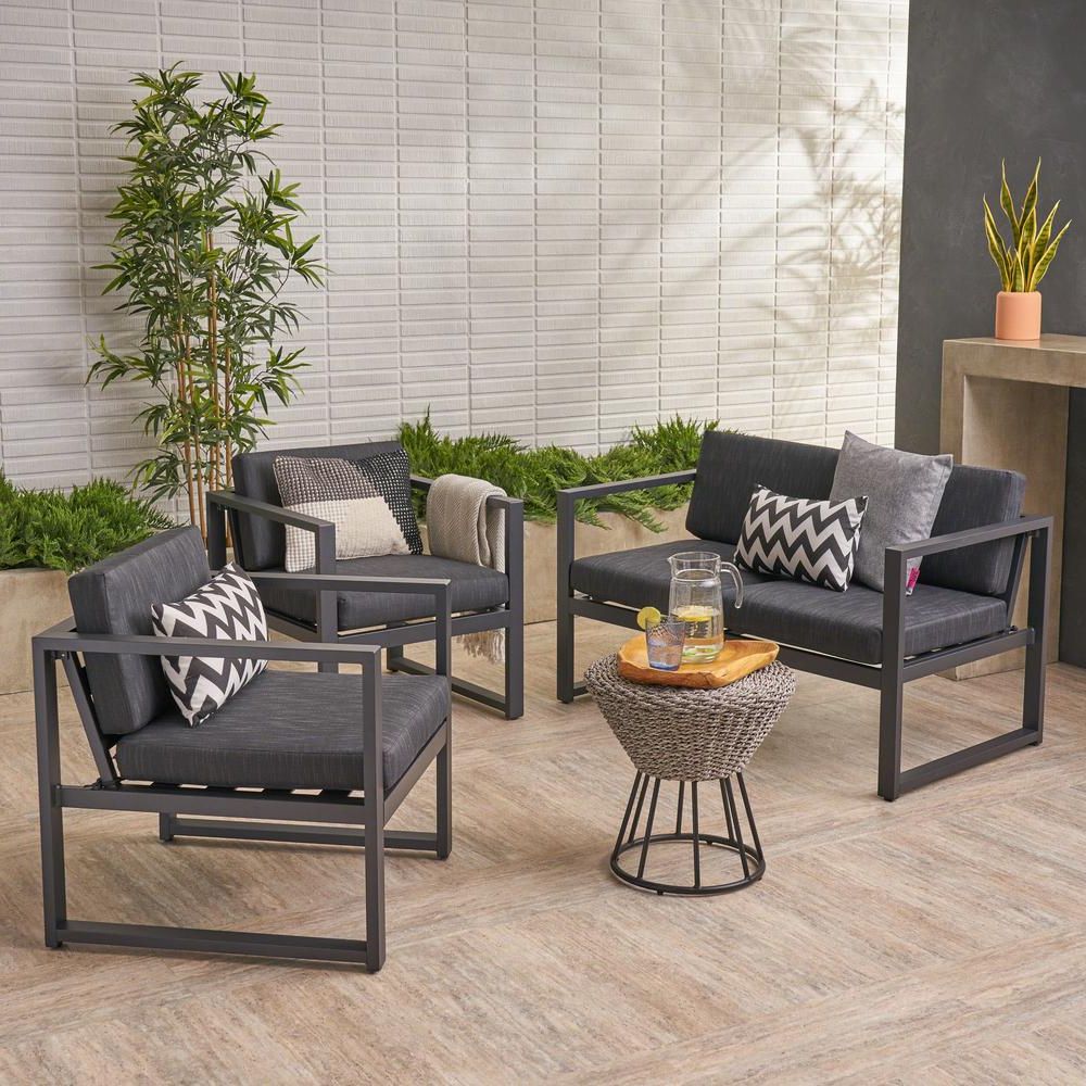 Well Liked Noble House Navan Silver 3 Piece Metal Patio Conversation Set With Dark Inside Patio Conversation Sets And Cushions (View 11 of 15)