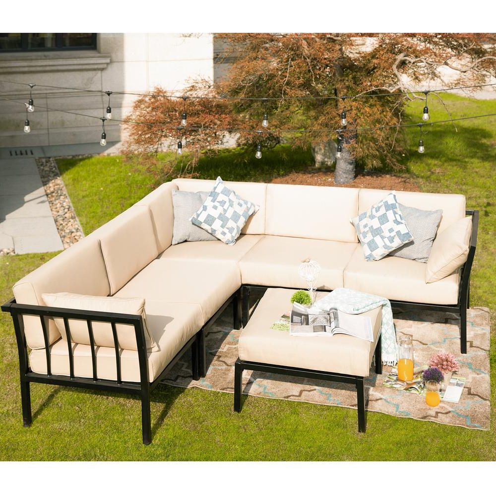 Well Liked Patio Festival 6 Piece Metal Outdoor Sectional Set With Beige Cushions With 5 Piece 4 Seat Outdoor Patio Sets (View 7 of 15)