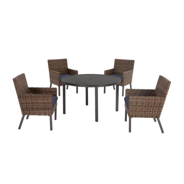 Well Liked Sky Blue Outdoor Seating Patio Sets Within Hampton Bay Coral Vista 5 Piece Brown Wicker And Steel Outdoor Patio (View 2 of 15)