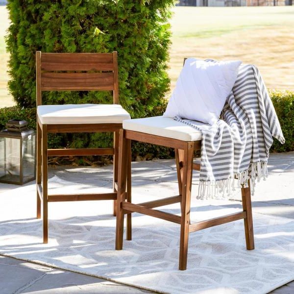 Welwick Designs Dark Brown Acacia Wood Patio Outdoor Bar Stools With For 2019 Brown Acacia Patio Chairs With Cushions (View 9 of 15)