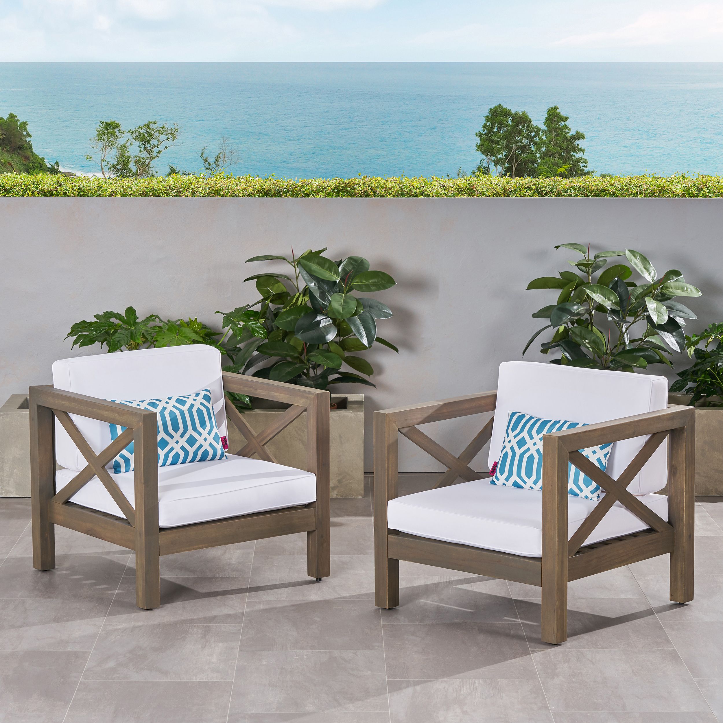 White Wood Soutdoor Seating Sets With Well Known Indira Outdoor Acacia Wood Club Chairs With Cushions (set Of 2), Gray (View 8 of 15)
