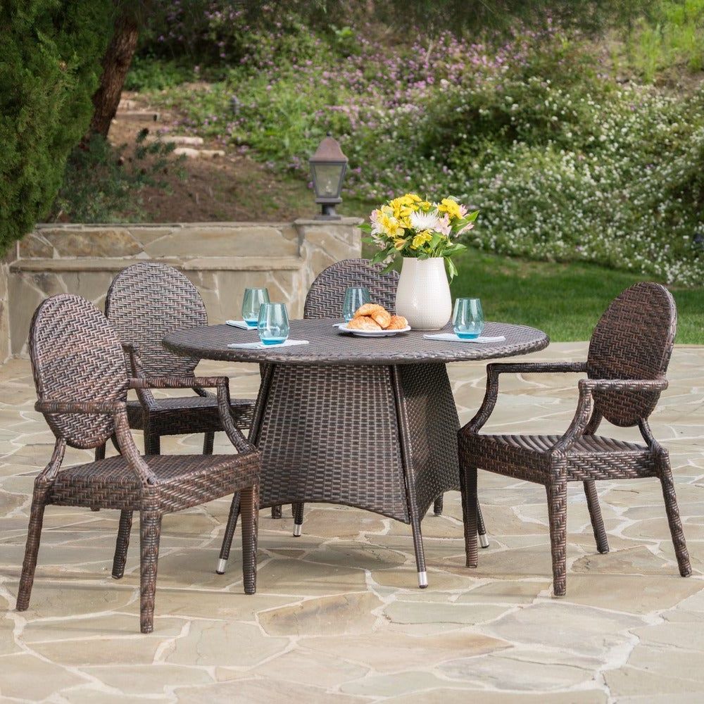 Wicker 5 Piece Round Patio Dining Sets Within Fashionable Dixon Outdoor Round Wicker 5 Piece Dining Set With Umbrella Hole (View 3 of 15)