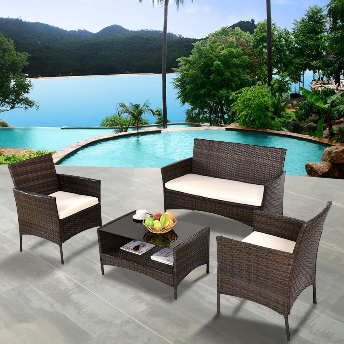Wicker Beige Cushion Outdoor Patio Sets Throughout Fashionable Costway 4 Pcs Outdoor Patio Rattan Furniture Set Table Shelf Sofa With (View 1 of 15)