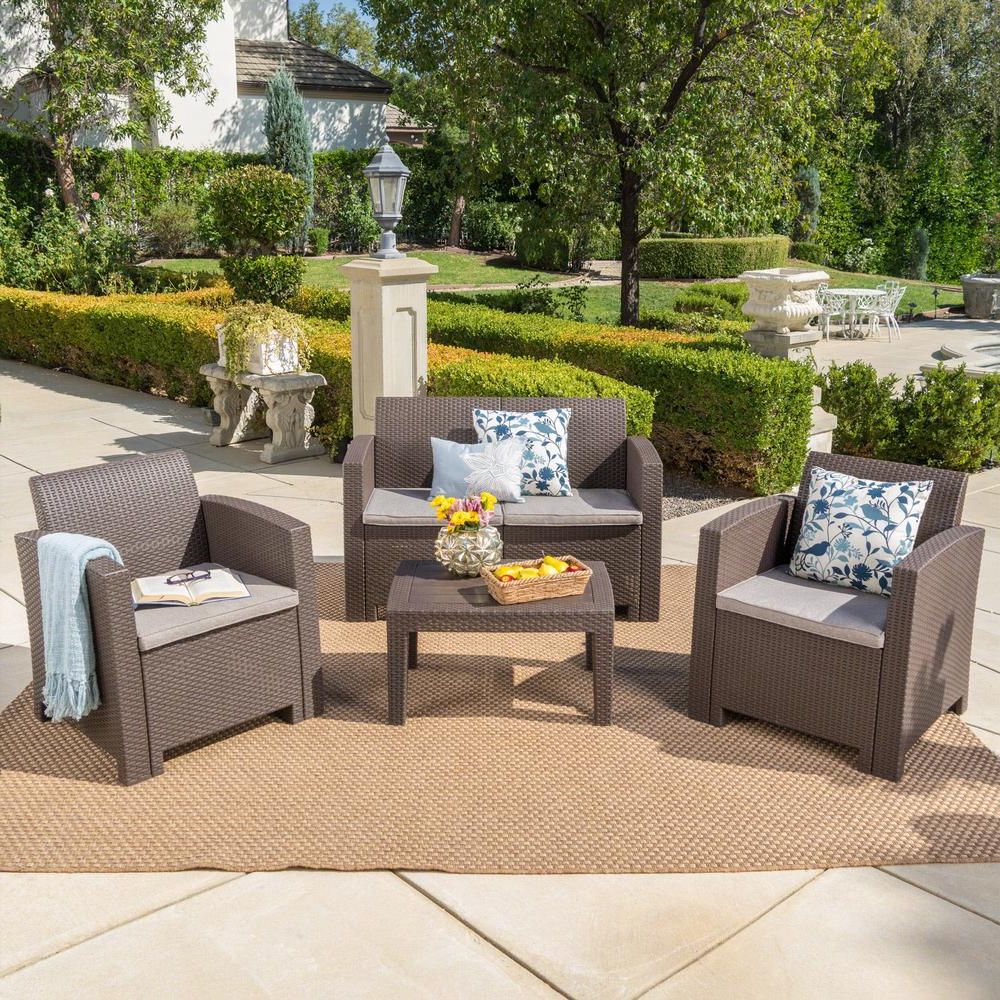 Wicker Beige Cushion Outdoor Patio Sets With Regard To 2019 Noble House 4 Piece Faux Wicker Patio Conversation Set With Mixed Beige (View 10 of 15)