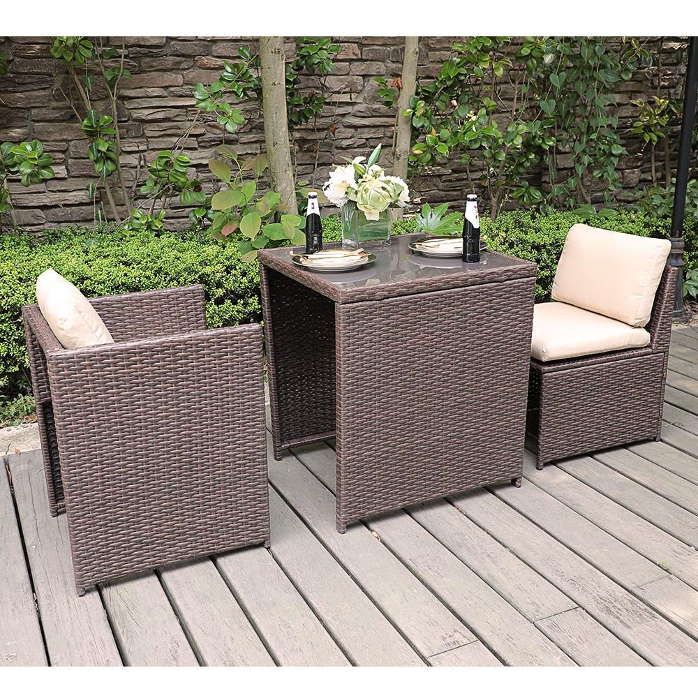 Wicker Beige Cushion Outdoor Patio Sets Within Favorite Freestyle Sunsitt Black 3 Piece Wicker Outdoor Dining Set With Beige (View 8 of 15)