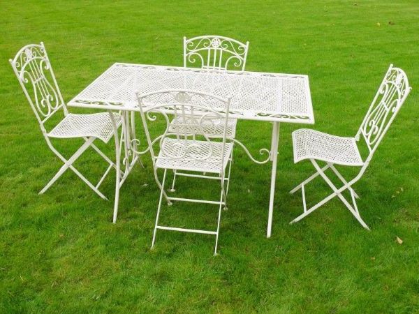 Wide Silver Metal Outdoor Picnic Tables Regarding Most Recent Serade Metal Garden Patio Set Table 4 Chairs – Antique White (View 9 of 15)