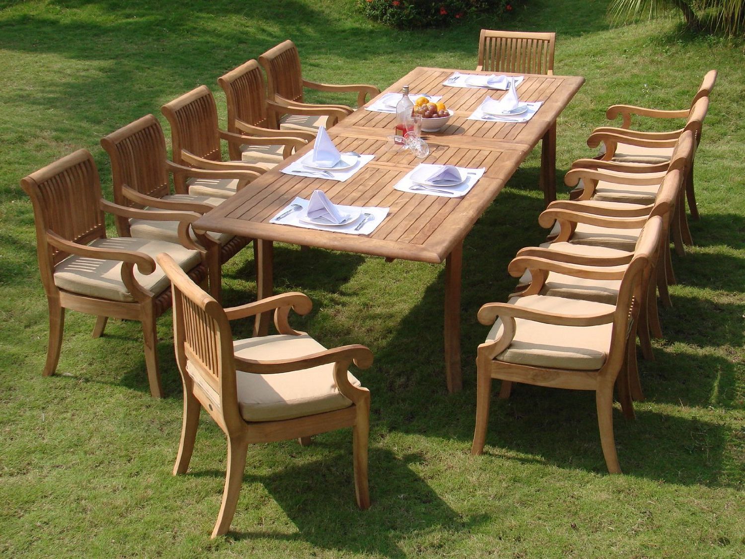 Widely Used 11  Piece Teak Outdoor Dining Set For 11 Piece Grade A Teak Dining Set – Large Oval Table And Stacking Arm (View 8 of 15)