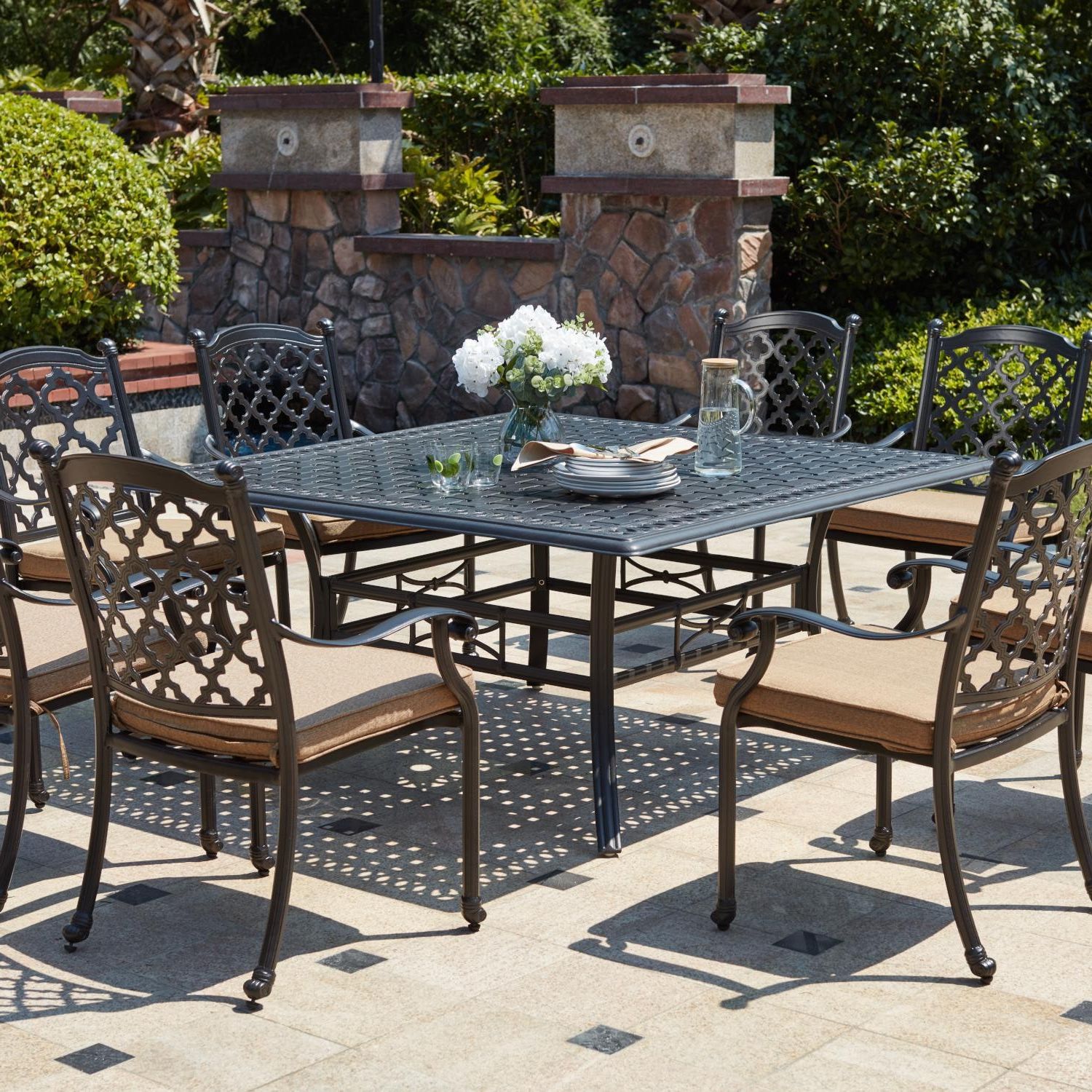 Widely Used 9 Piece Patio Dining Sets Throughout Madison 9 Piece Cast Aluminum Patio Dining Set W/ 60 Inch Square Table (View 4 of 15)