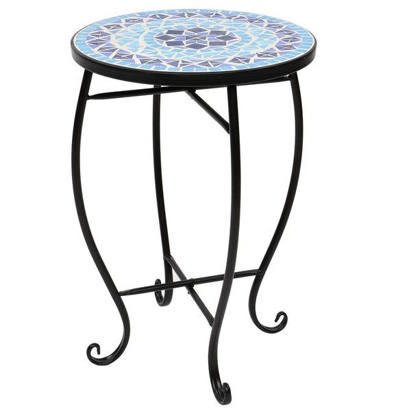 Widely Used Blue Mosaic Black Iron Outdoor Accent Tables Regarding Fleur De Lis Living Christiana Blue Ocean Mosaic Wrought Iron Outdoor (View 3 of 15)