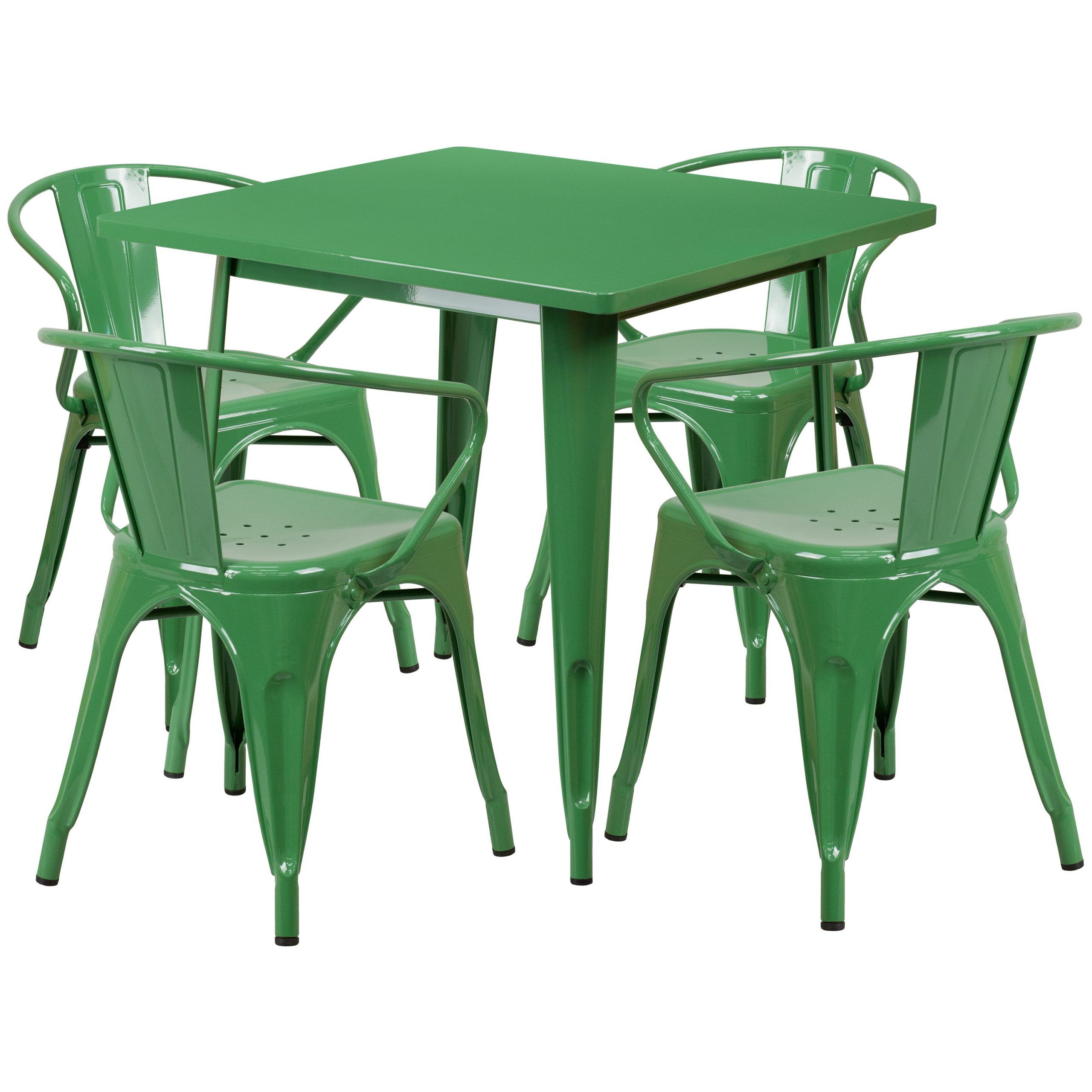 Widely Used Green Steel Indoor Outdoor Armchair Sets In Flash Furniture Square Top Green Metal Indoor Outdoor Table Set With  (View 14 of 15)