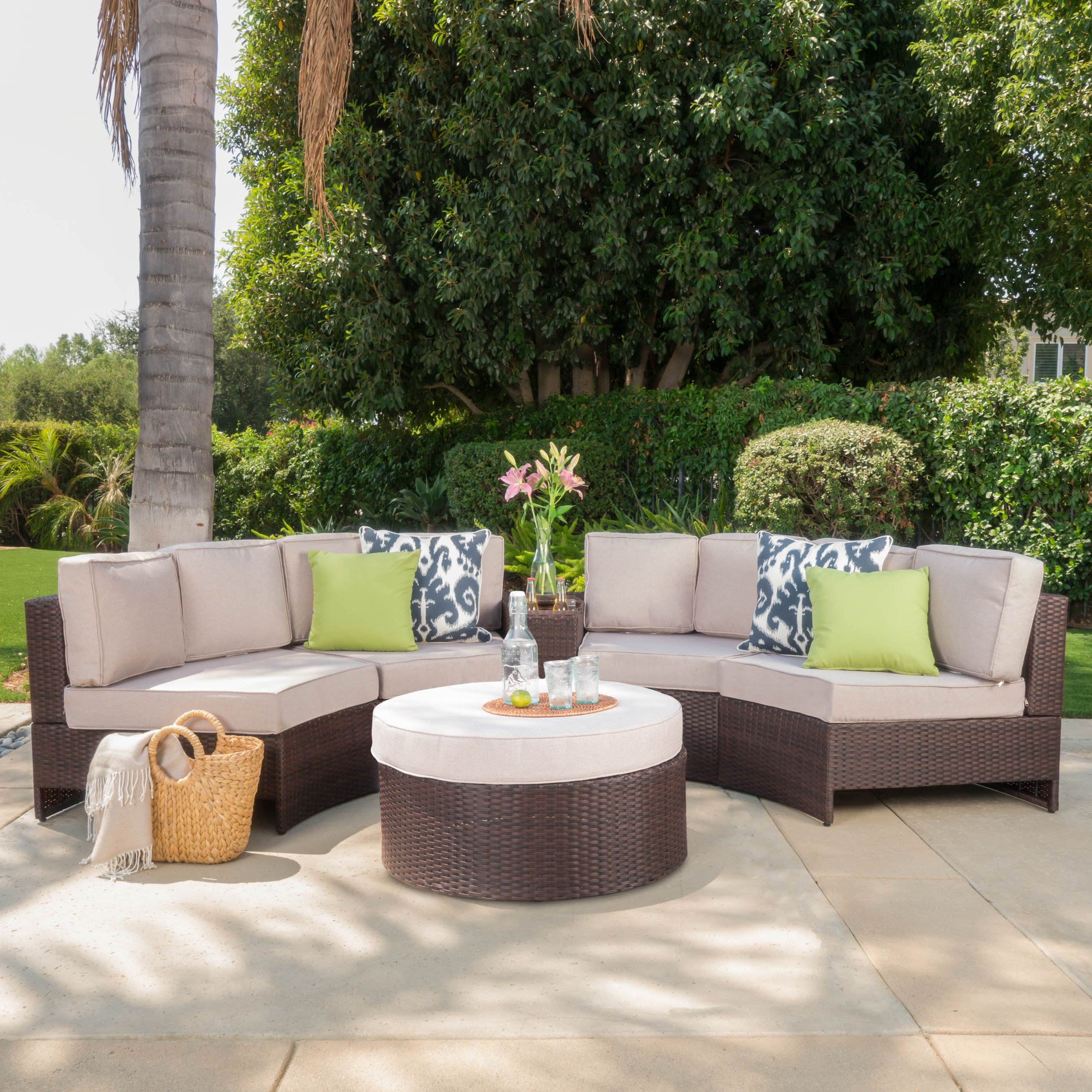 Widely Used Sinclair 6 Piece Outdoor Wicker 1/2 Round Seating Set With Cushions And With Outdoor Seating Sectional Patio Sets (View 4 of 15)