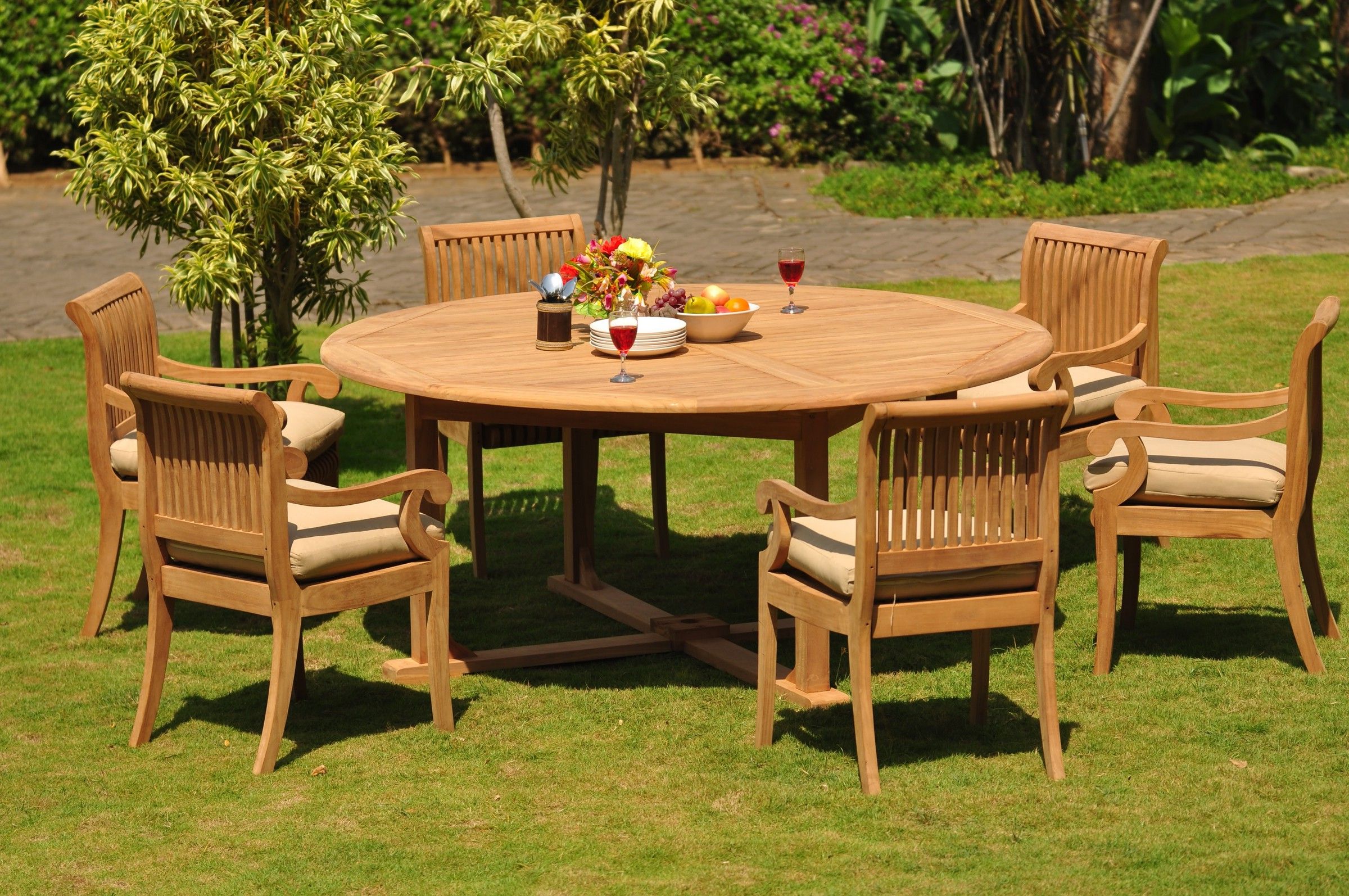 Widely Used Teak Outdoor Loungers Sets Within Teak Dining Set: 6 Seater 7 Pc: 72" Round Table And 6 Giva Arm Chairs (View 1 of 15)