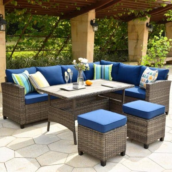 Xizzi Megon Holly Gray 5 Piece Wicker Outdoor Patio Conversation In Newest Navy Outdoor Seating Sectional Patio Sets (View 11 of 15)