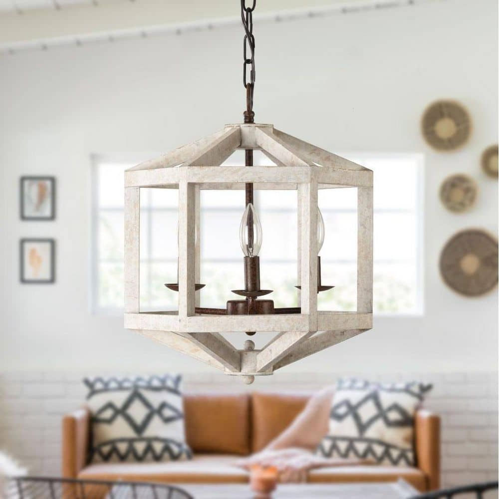 2019 Distressed Oak Lantern Chandeliers With Oaks Aura Oaks Aura Modern Farmhouse 3 Light Antique Distressed White Wood  Candle Chandelier Fc4012 3w – The Home Depot (View 7 of 15)