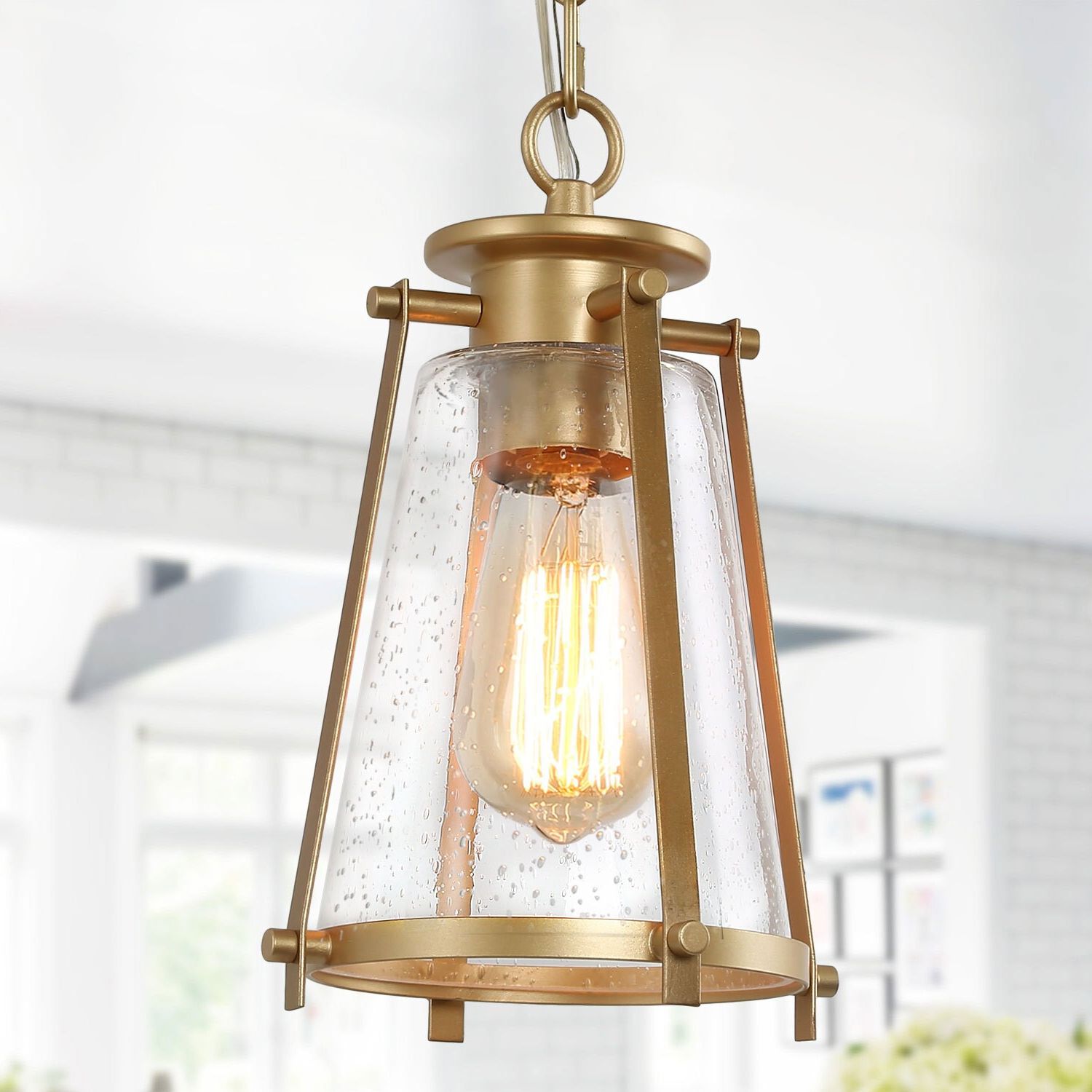 2019 Lnc Etherial Matte Gold Clear Seeded Glass Transitional Clear Glass Cone  Led Mini Pendant Light In The Pendant Lighting Department At Lowes In Seeded Clear Glass Lantern Chandeliers (View 8 of 15)