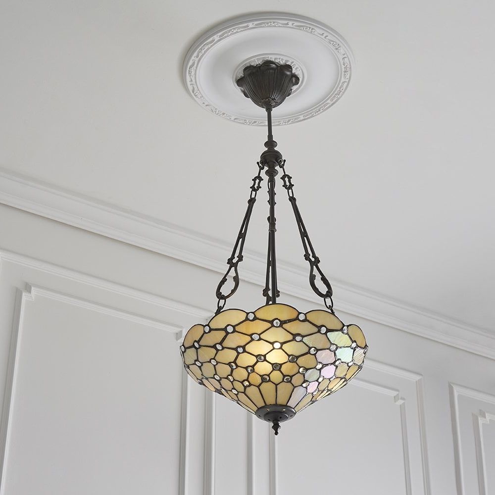 2020 Interiors 1900 70743 Pearl Classic Tiffany 3 Light Ceiling Pendant With A  Dark Bronze Finish N19909 – Indoor Lighting From Castlegate Lights Uk In Pearl Bronze Lantern Chandeliers (View 5 of 15)