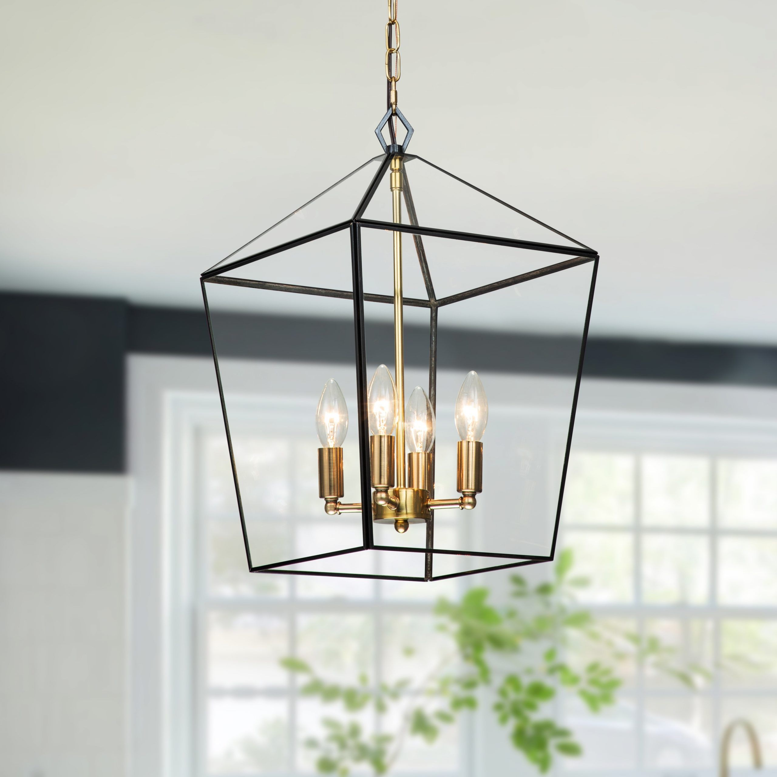2020 Warm Brass Lantern Chandeliers For 4 Light Brass Lantern Pendant With Clear Tempered Glass Panes – W12" X E12"  X H (View 7 of 15)
