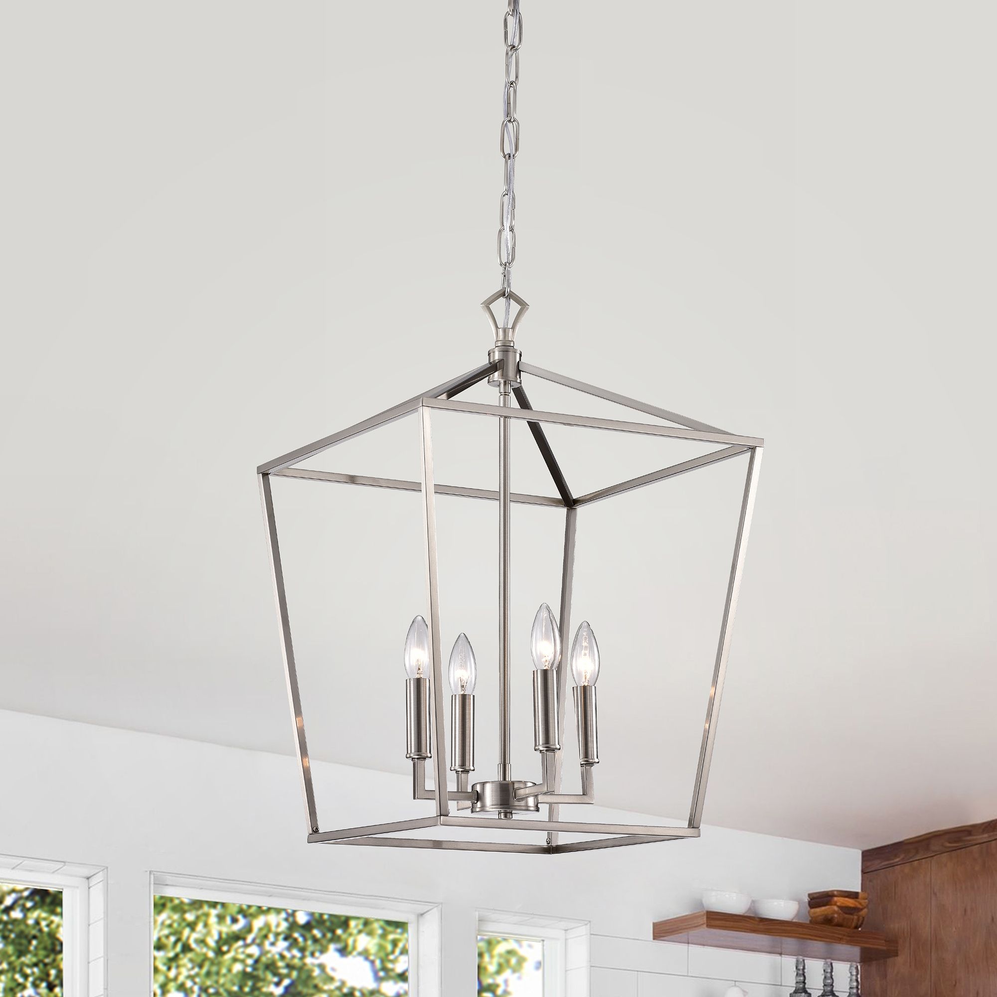 4 Light Brushed Nickel Lantern Pendant Chandelier 16 In – Edvivi Lighting With Regard To Widely Used Satin Nickel Lantern Chandeliers (View 12 of 13)