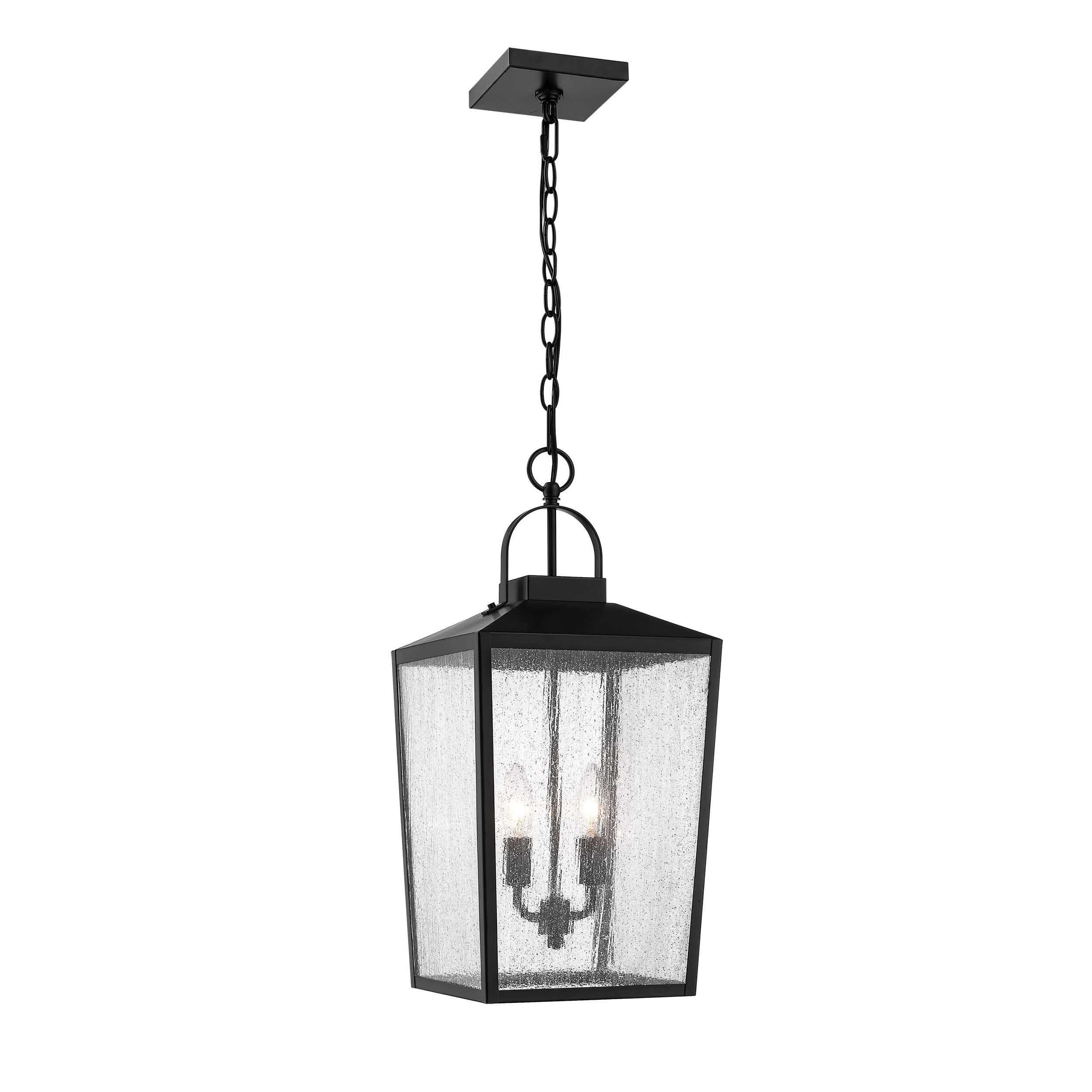 Best And Newest Millennium Lighting Devens 2 Light Powder Coat Black Transitional Seeded  Glass Lantern Outdoor Pendant Light In The Pendant Lighting Department At  Lowes Intended For White Powder Coat Lantern Chandeliers (View 4 of 15)